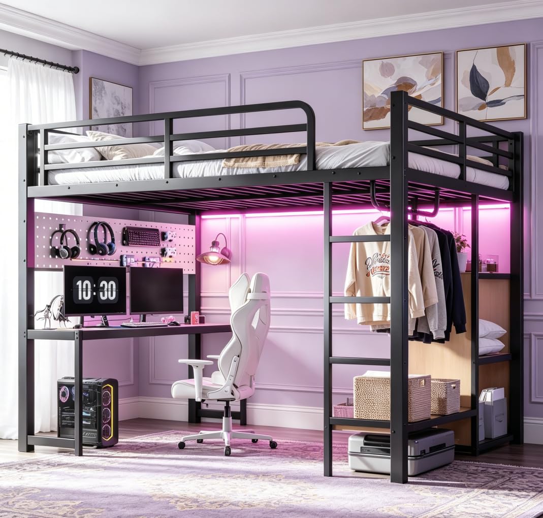 Bellemave Queen Size Loft Bed with Desk,with USB Ports, Lights, and Hanging Rod, Cave Board Design, Metal Queen Loft Bed Frame for Adults, Kids, Teens, Black
