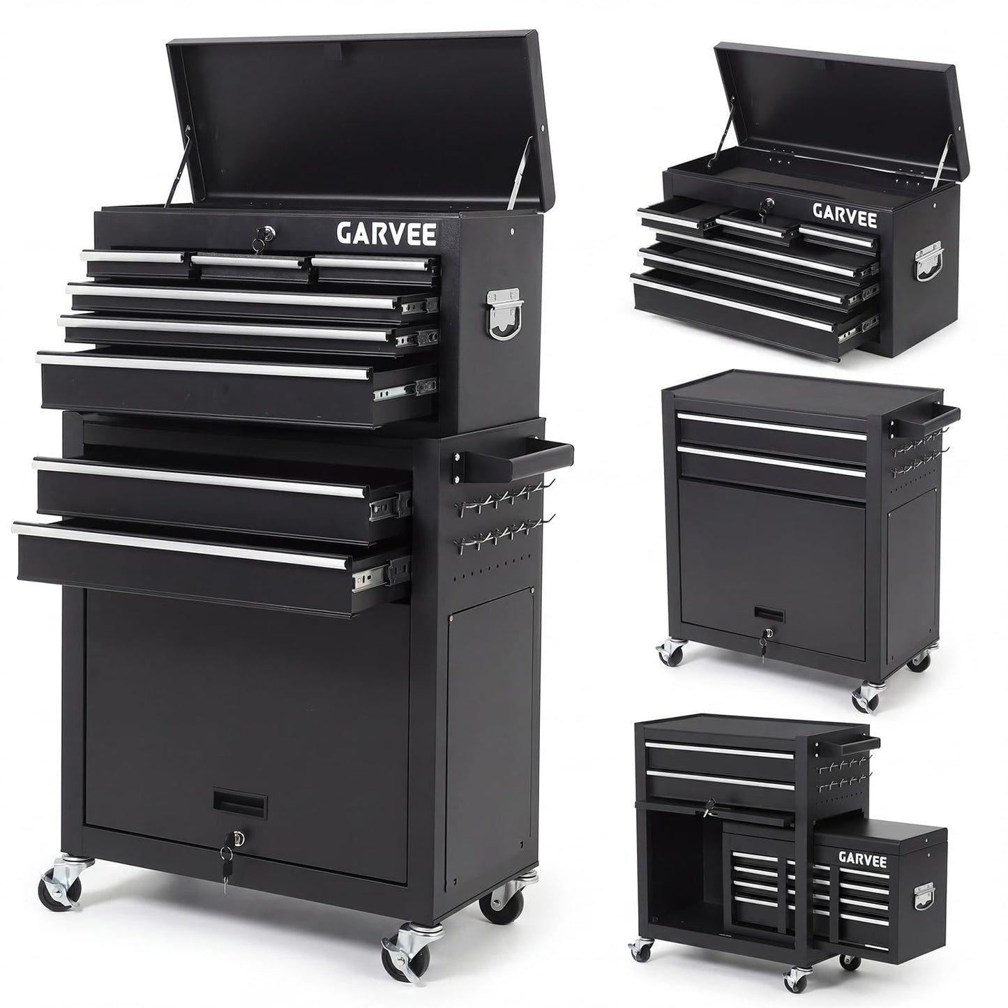8-Drawer 2-in-1 Rolling Tool Cart with Lock Detachable Top Box - Black