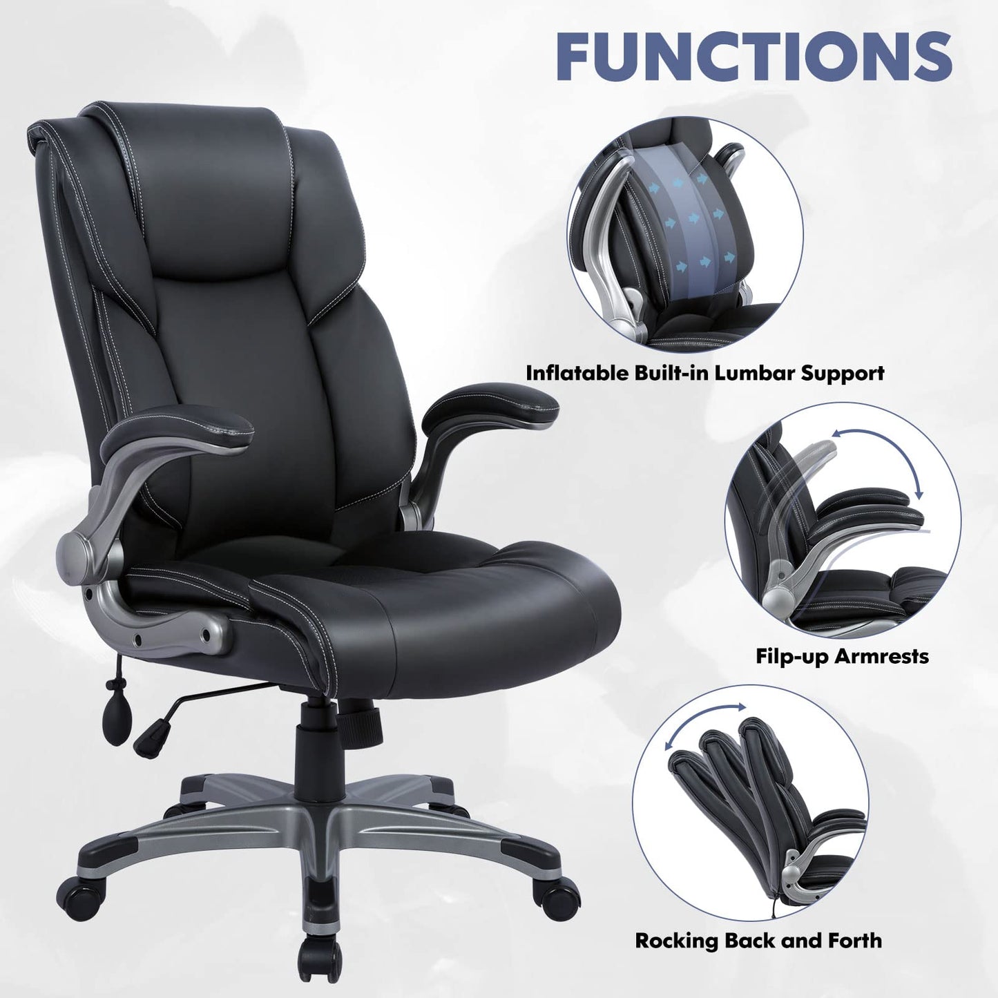 COLAMY High Back Executive Office Chair,Leather Desk Chair with Flip-Up Arms, Adjustable Lumbar Support, Synchro Tilt & Rocking Function, Rolling Swivel Computer Chair for Home & Office, Black