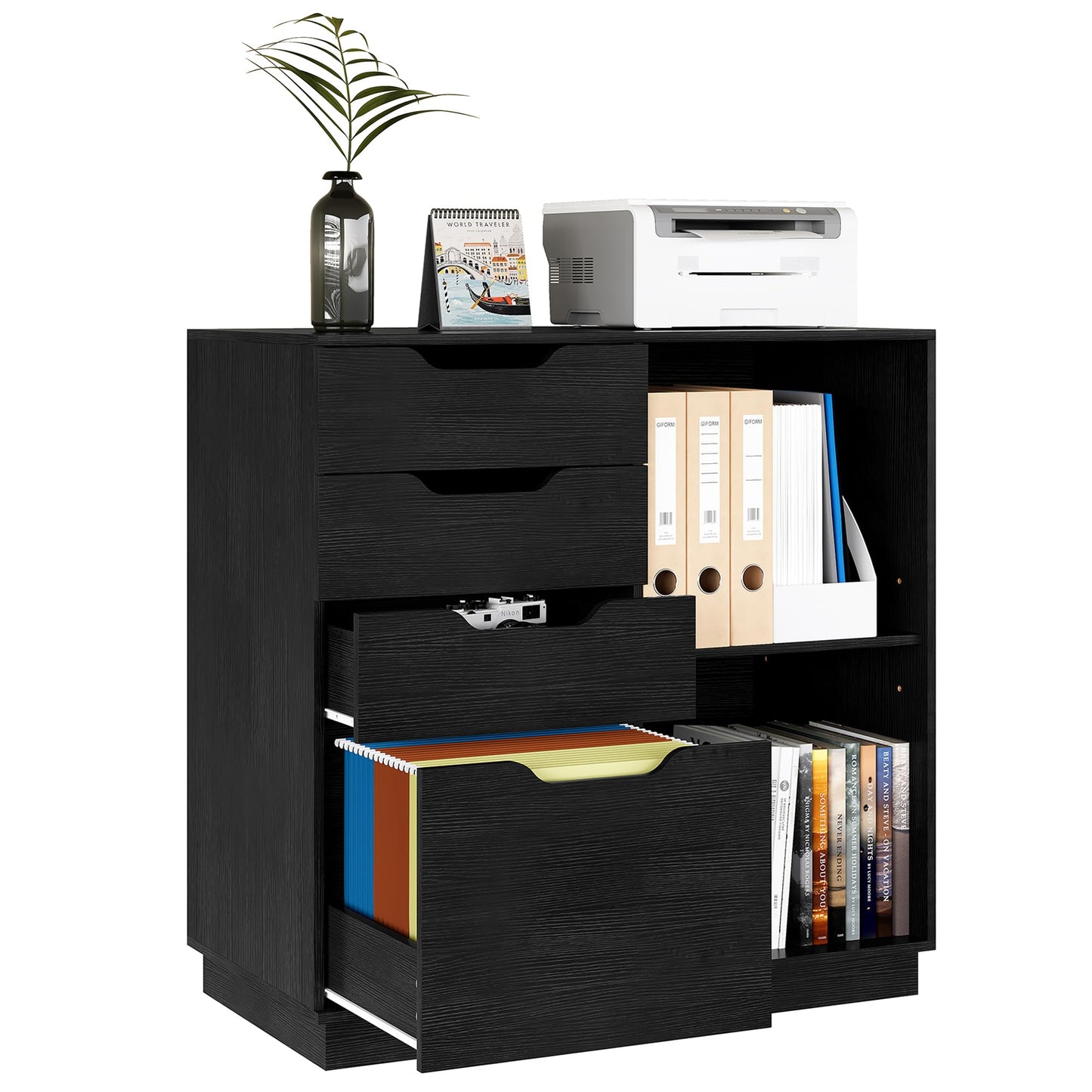 TQVAI 4 Drawer Filing Cabinet Organizer with 2 Open Shelves, Heavy Duty for Storing Letter A4 Size and Printer, Wood Lateral File Cabinets for Home Office, Hanging Files, Black, Easy Assembly