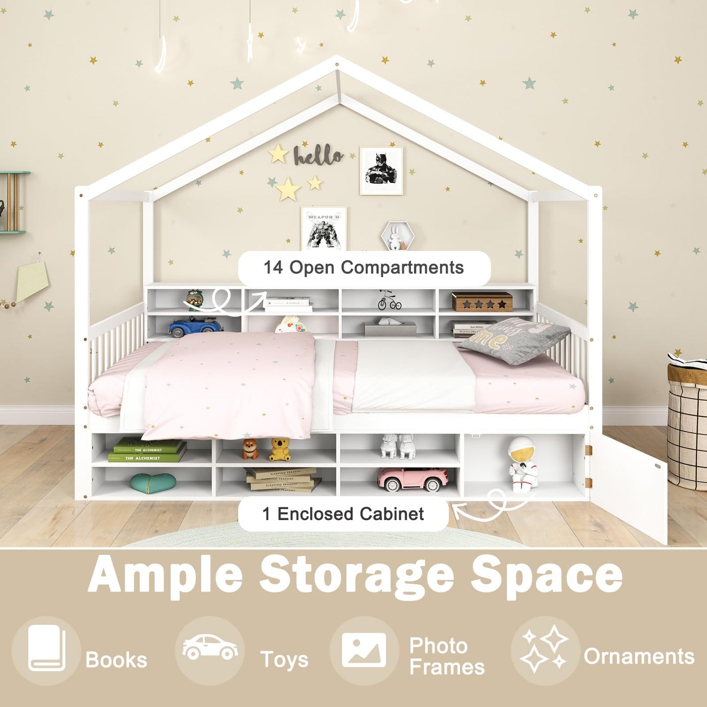 KOMFOTT Twin Size Wood House Bed with Storage Shelves, Wooden Platform Bed Frame with Storage Cabinet, Headboard & Footboard, House Bed with Wood Slats Support, No Box Spring Needed (White)
