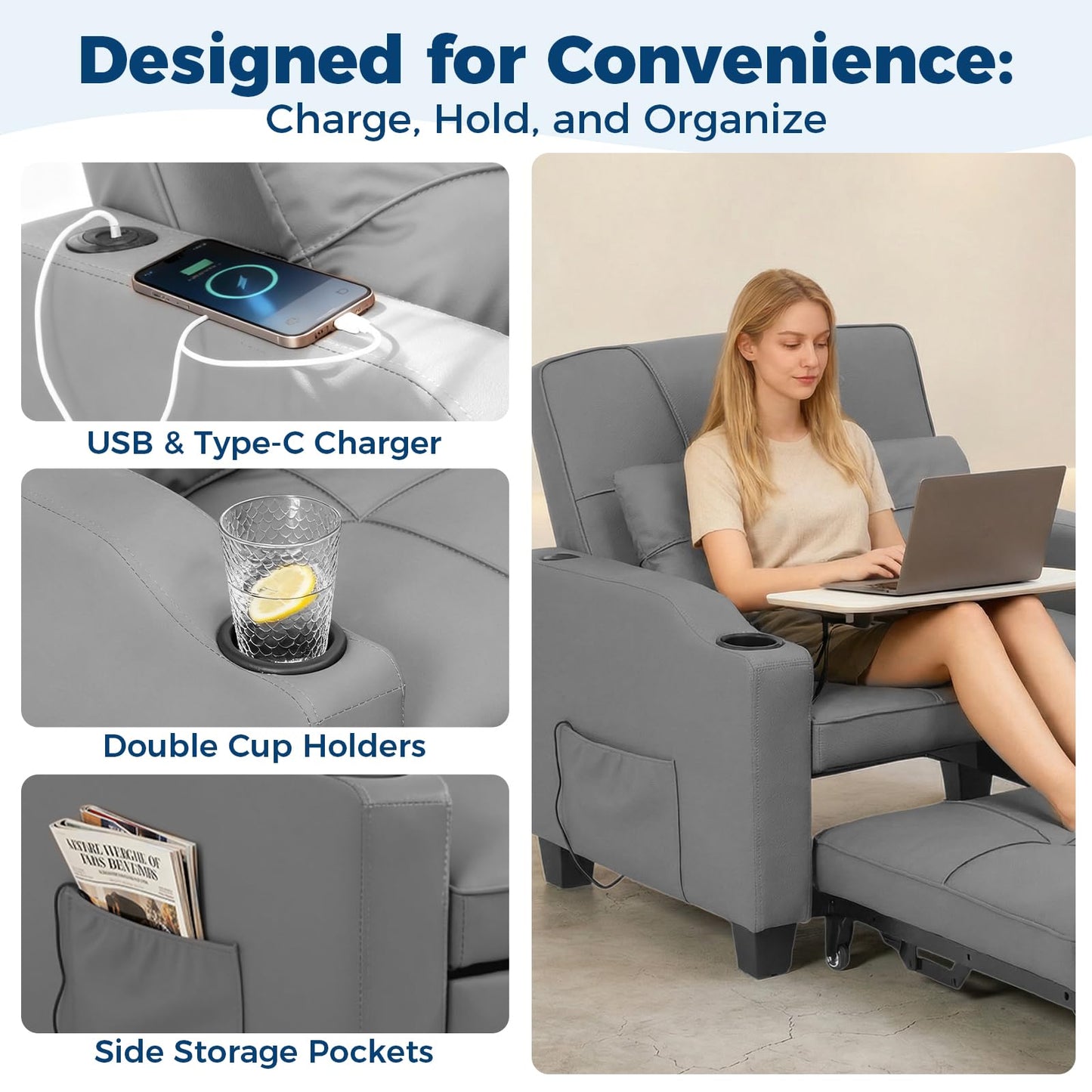 4 in 1 Convertible Sleeper Chair Bed with Vibration Massage Lumbar Pillow, Single Sofa Recliner Featuring USB/Type-C Port, Cup Holders & Side Pocket, Space-Saving Pull Out Bed for Small Spaces, Grey
