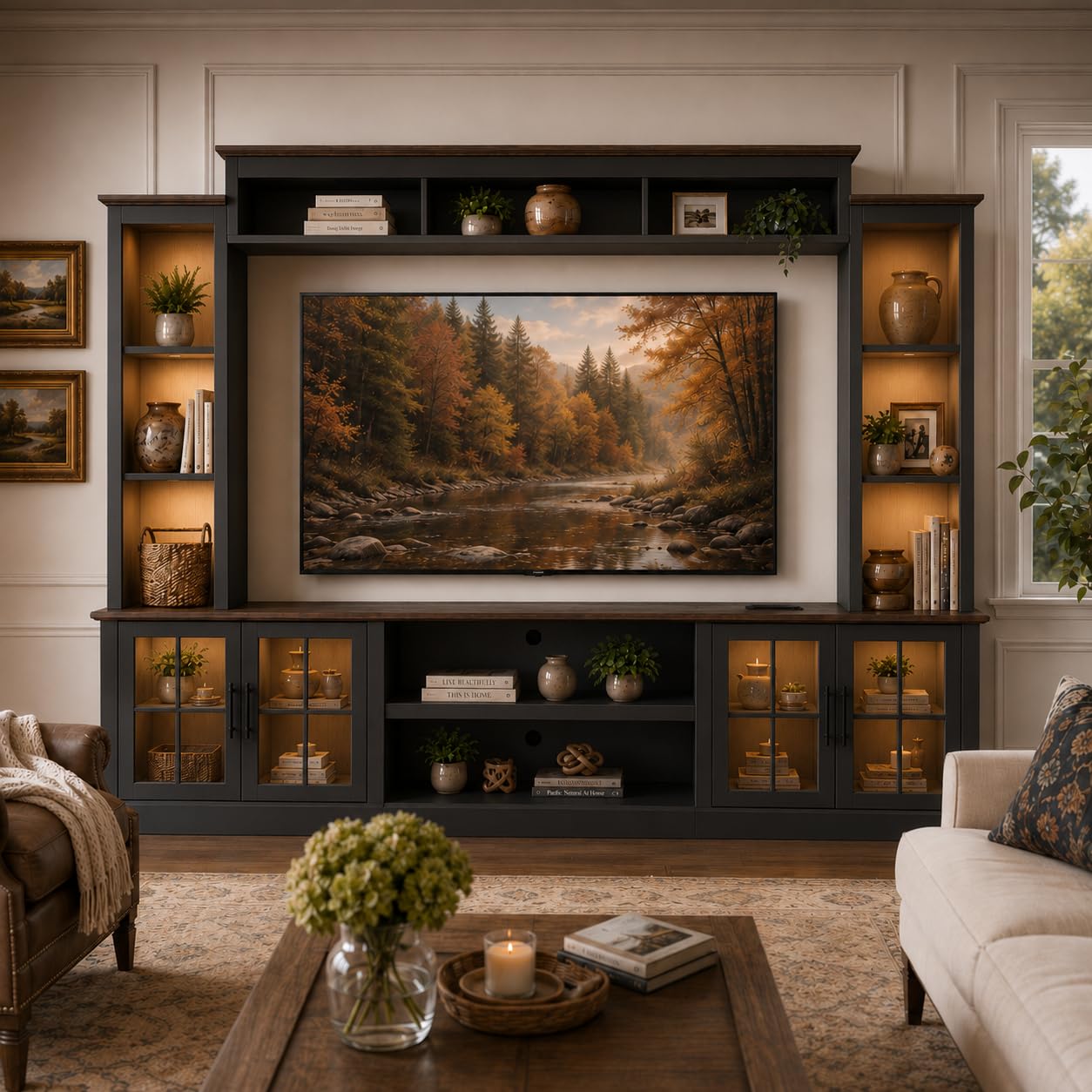 Nordivale Black Farmhouse TV Stand, Entertainment Center, 98" Wall Unit Media Console with Bookshelf, Cabinet & Power Outlets & Barn Doors, Fits TVs Up to 75” for Living Room
