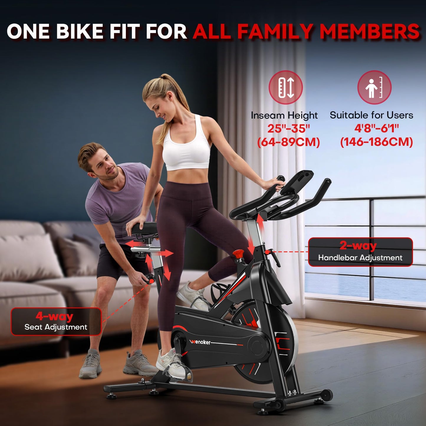 Exercise Bike, Wenoker Magnetic Resistance Stationary Bike for Home App Sync Indoor Bike with 350lbs Weight Capacity, Tablet Holder and Fitness Courses for Weight Loss[Black Red]