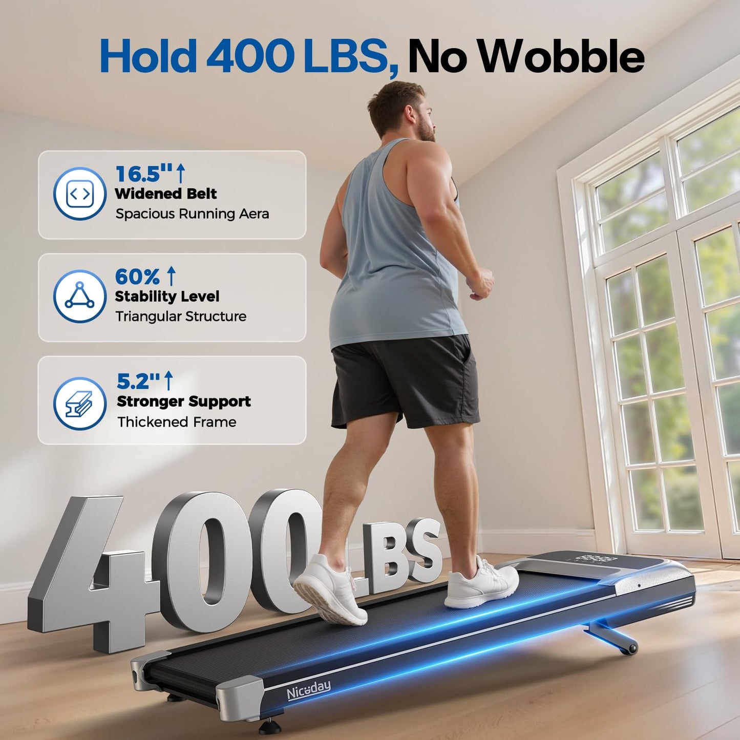 Niceday Walking Pad Under Desk with 10% 9-Level Auto Incline, 3HP Super Quiet Under Desk Treadmill for Home Office, Compact Treadmills for Home Hiking, 400 LBS Capacity, Magnetic Remote Silver