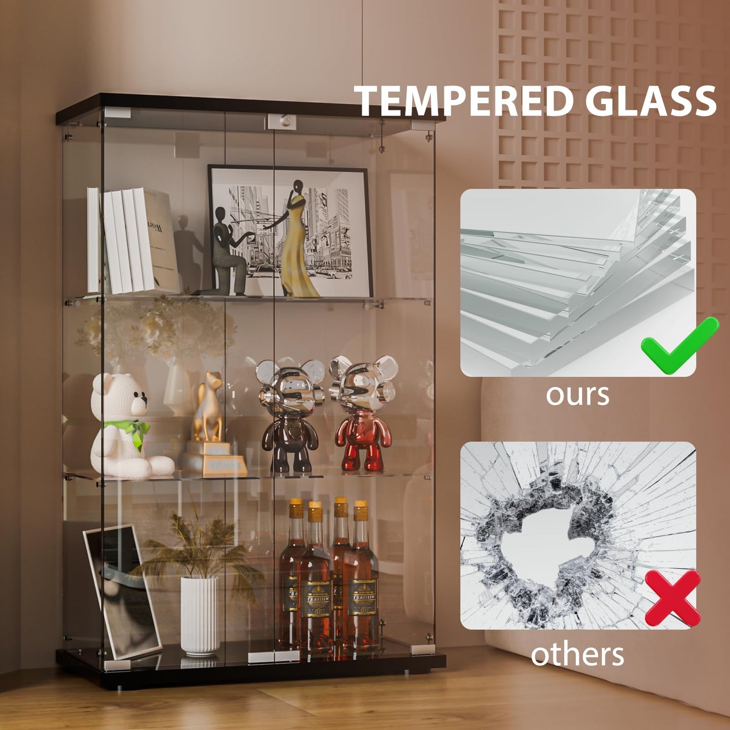 FANYUSHOW Glass Display Cabinet, 2-Door Curio Cabinet with Lock and Glass Shelves, Black Display Case for Collectibles, Lego, Figures, Books, Wine and Home Decor