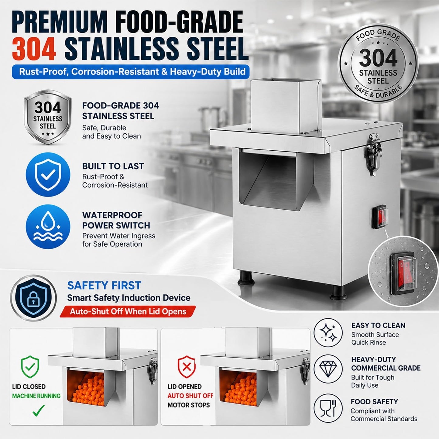 Commercial Vegetable Chopper Electric, Heavy Duty Stainless Steel Food Dicer Machine, Automatic Potato Chipper & Onion Cube Cutter with 5 Grid Blades for Restaurant Catering