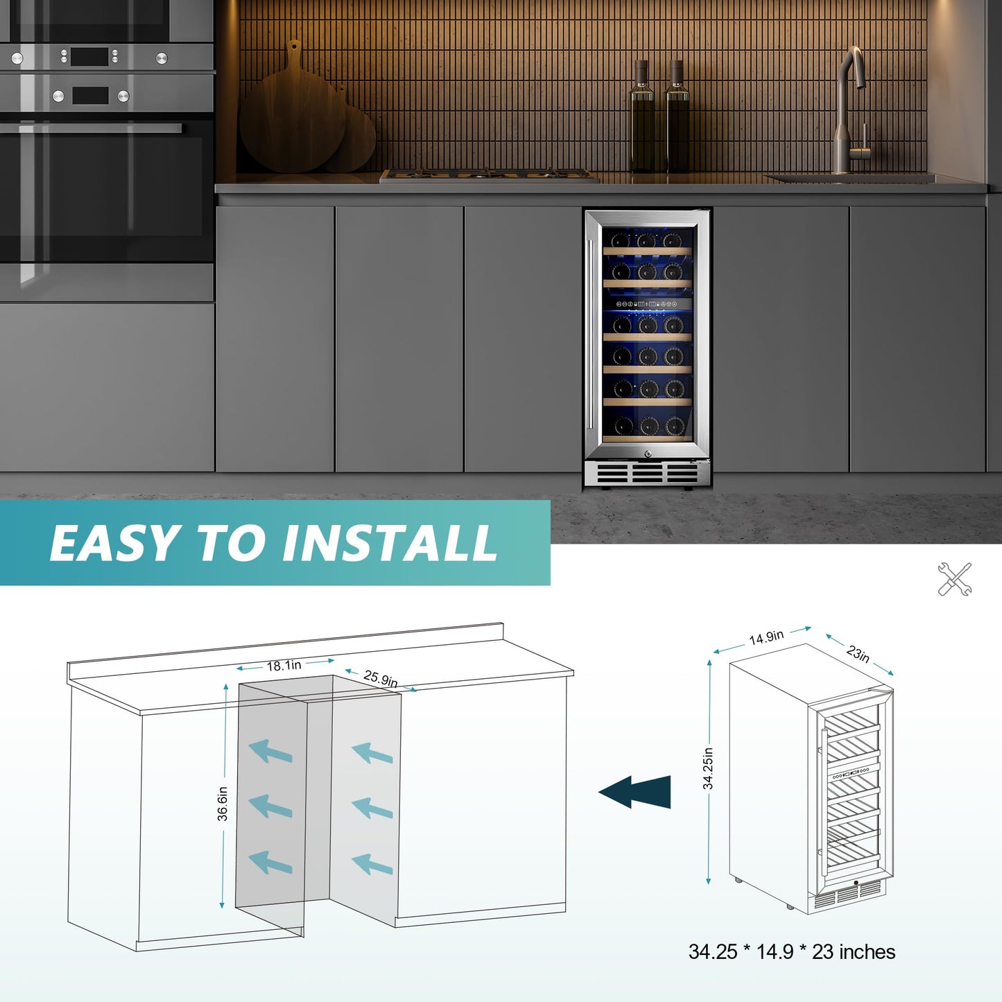 EUHOMY 15 Inch Wine Fridge, 33 Bottle Dual Zone Wine Cooler Refrigerator with Glass Door, Built-In or Freestanding Wine Refrigerator with Digital Temperature Control, for Home, Bar, Office