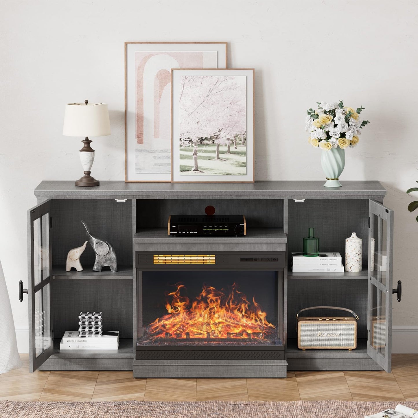 YESHOMY Glass Fireplace TV Stand for Televisions up to 65", Media Entertainment Center Console Table with Doors Closed Storage, Grey Wash