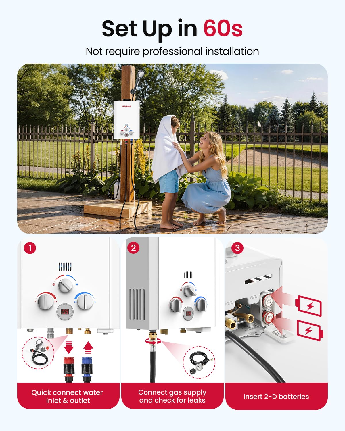 GASLAND BE158 Tankless Water Heater Propane | CSA Certified | 1.58 GPM, 41,000 BTU | Instant Hot Water Heater Outdoor Use Propane Shower for Camping, Off-Grid Living