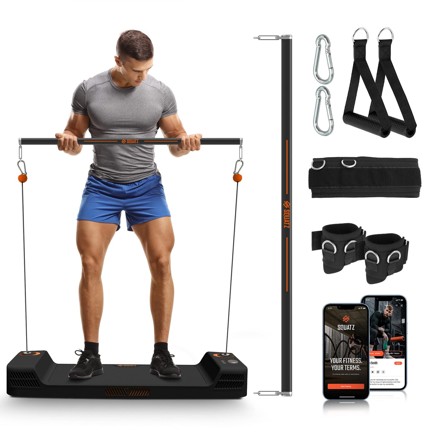 SQUATZ Apollo Board Mini: 150lb Resistance Smart Cable Machine, Functional Trainer for Full Body Workouts, Full Body Strength, Digital Home Gym Equipment with Free App includes Accessories, Orange