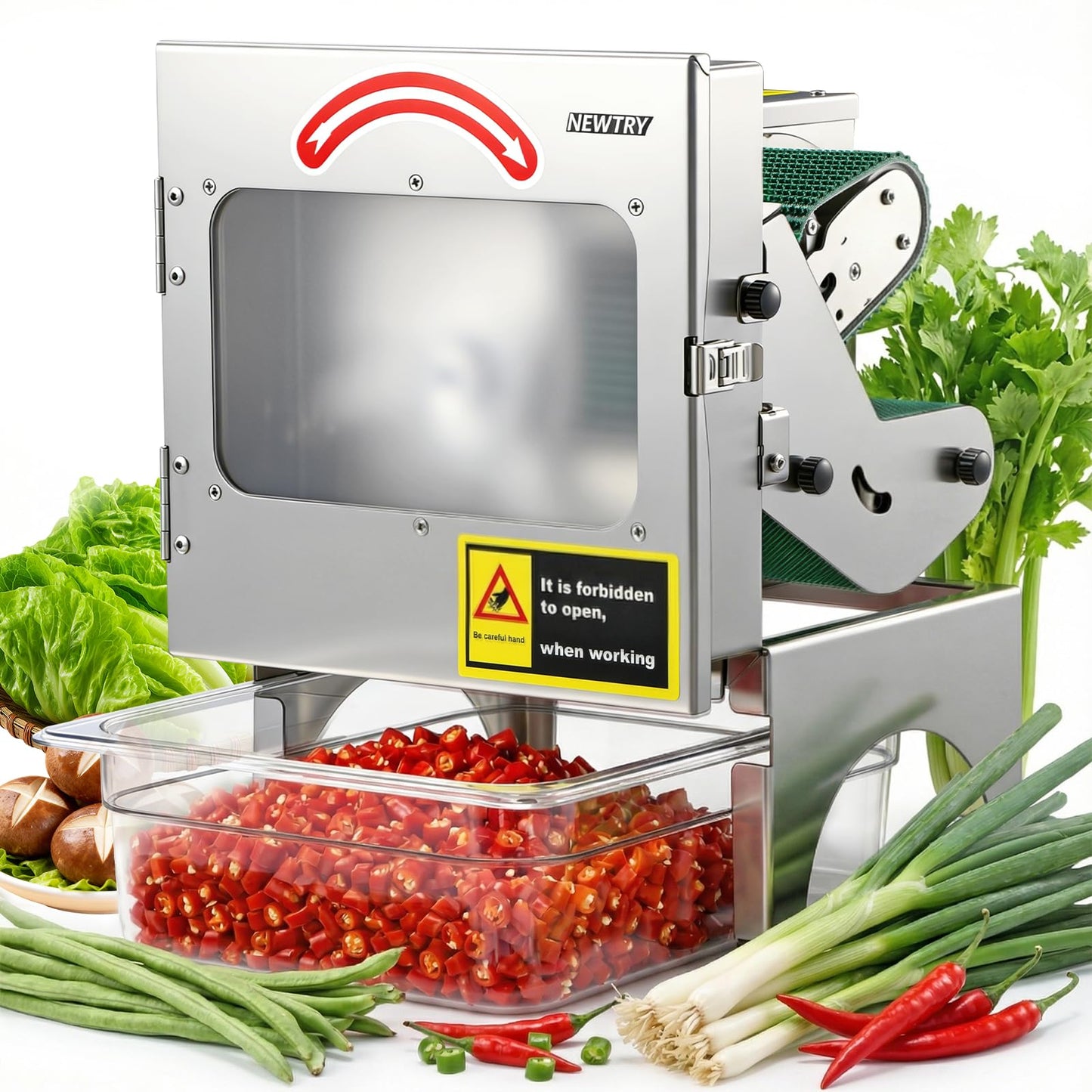 NEWTRY Commercial Vegetable Slicer Machine 200W Electric Food Processor with Automatic Conveyor Belt 400LB/H Thickness Adjustable for Spring Onion Scallion Cucumber Banana Restaurant Kitchen Use