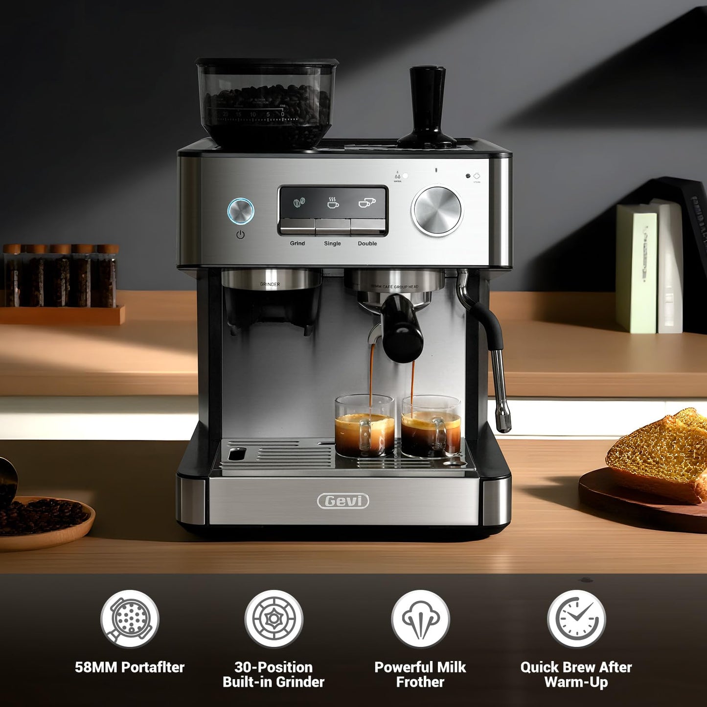 Gevi 20 Bar Espresso Machine with Built-in Grinder & Milk Frother | Professional Coffee Maker for Home | Cappuccino, Latte, 2.3L Removable Water Tank, Stainless Steel Steam Wand