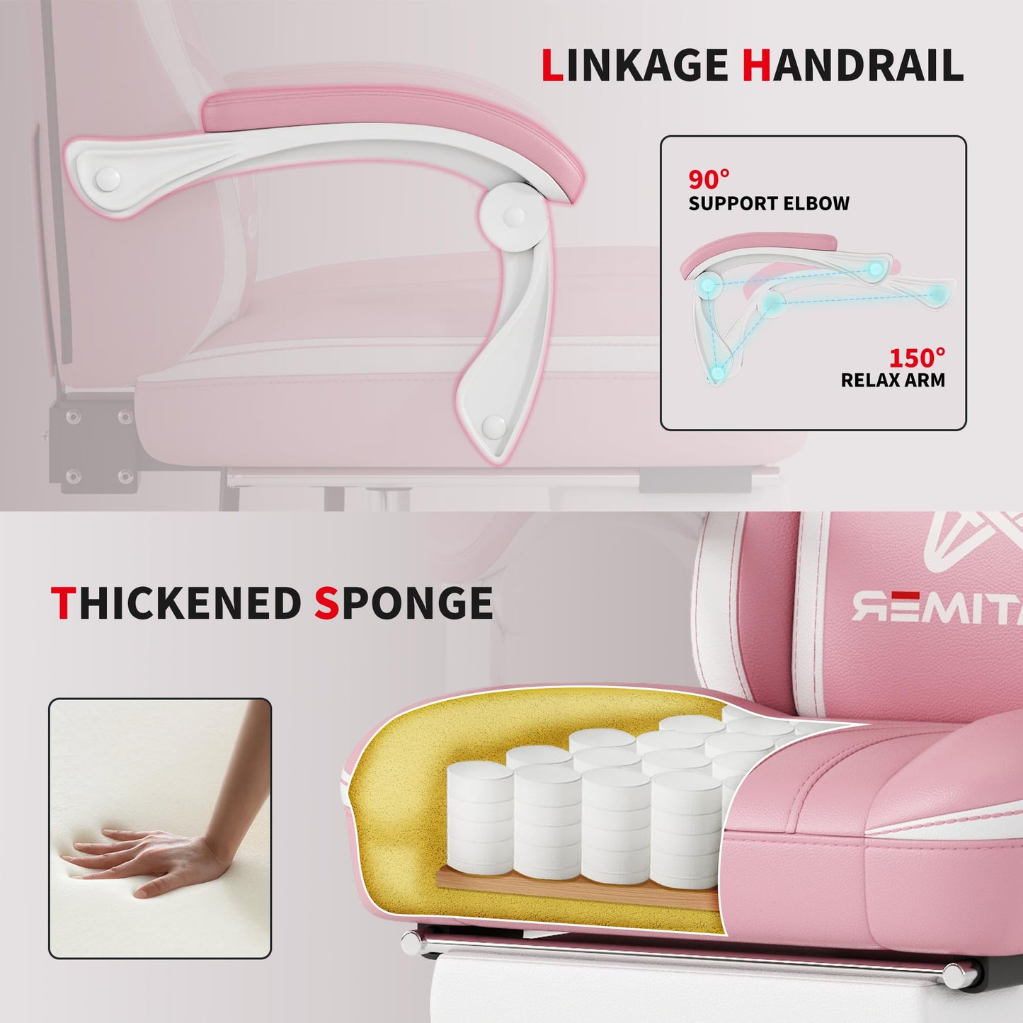 Gamtimer Gaming Chair with Footrest, Ergonomic Computer Chair, PU Breathable Material with Headrest and Lumbar Support, Suitable for Silla Gamer and Adults(Pink)