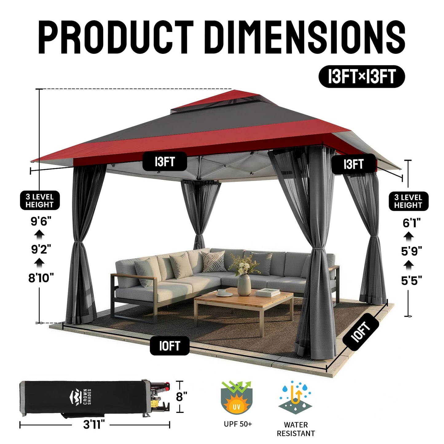 CROWN SHADES 13x13 Pop Up Gazebo, Canopy Tent, Gazebos on Clearance - Outdoor Gazebo for Backyard & Patio Furniture - Carpa Pop Up Tent with Wheeled STO-N-Go Cover Bag (Red & Grey)