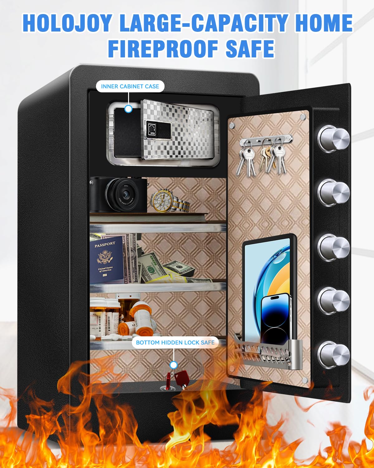 HOLOJOY 10.5 Cu Ft Large Fireproof Waterproof Safe Box for Home Office Documents- Heavy Duty Steel LCD Display Digital Security Safe Box with LED Light, Removable Shelf for Money Jewelry Valuables