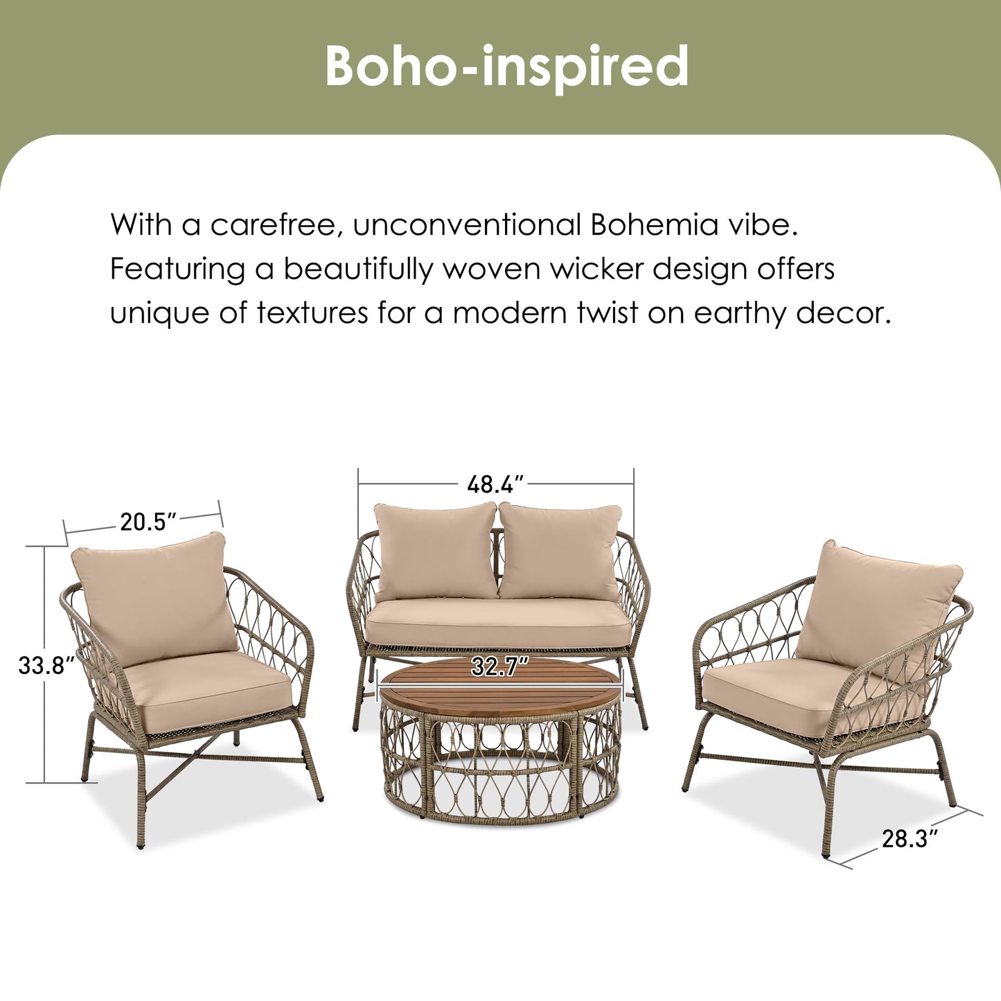 4-Person Outdoor Wicker Sofa Set, Boho-Inspired Patio Conversation Furniture with Oval Acacia Wood Tabletop, Removable Cushions and Pillows, Adjustable Feet, Beige, Perfect for Garden, Backyard, Deck