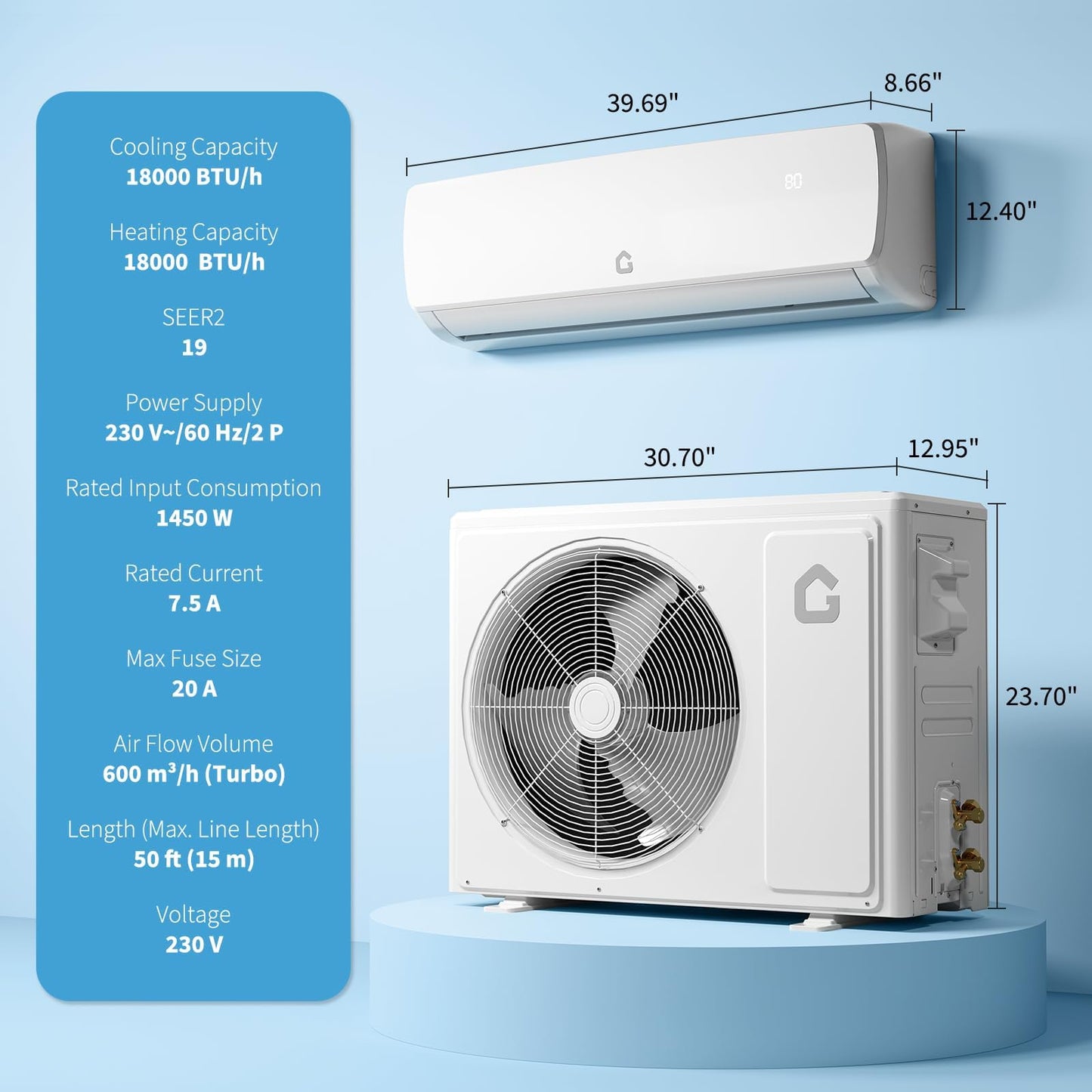 18000 BTU Mini Split Air Conditioner & Heater, 19 SEER2 230V Energy Saving Ductless AC Unit Cools Rooms up to 1250 Sq. Ft with Heat Pump & Installation Kit