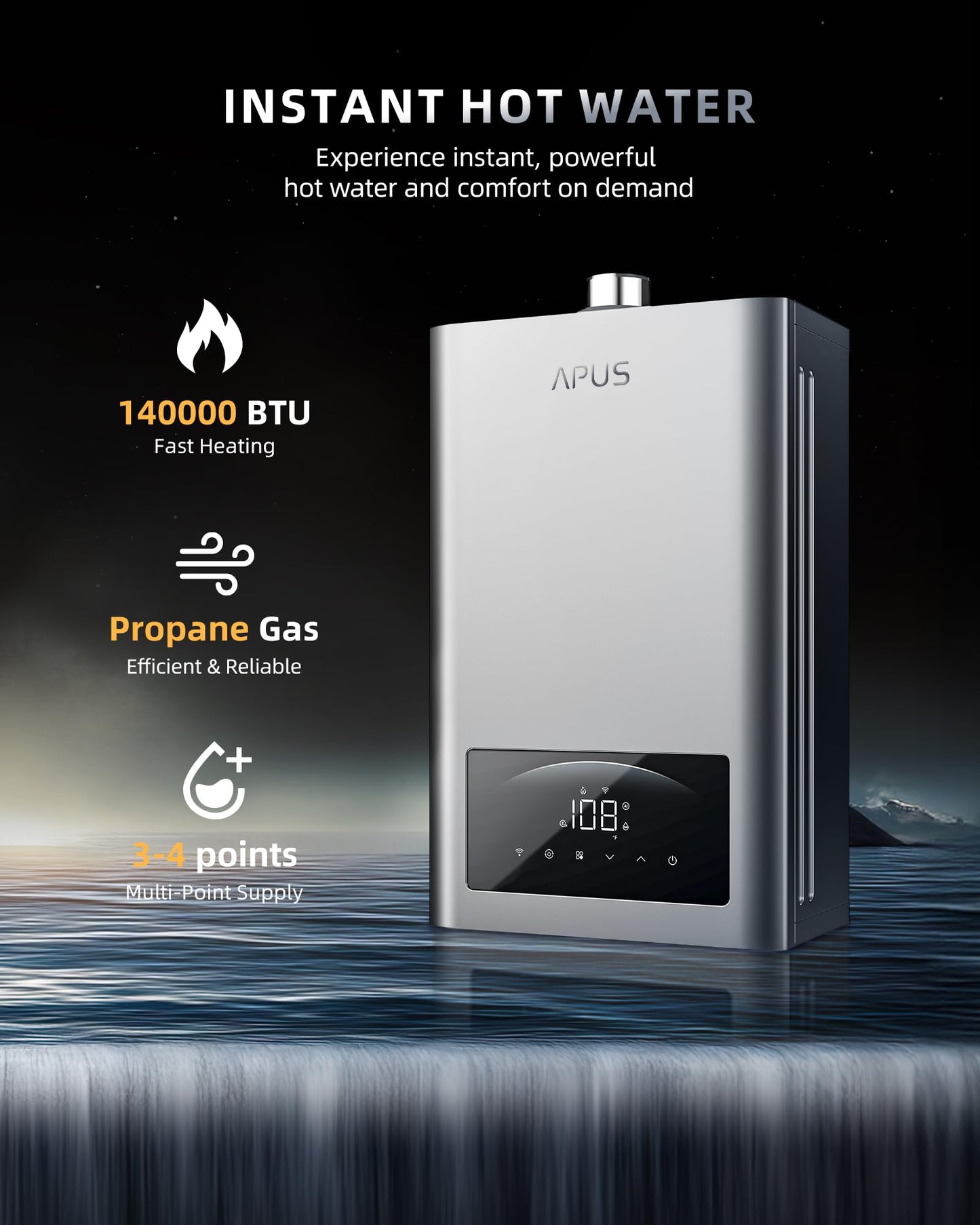 APUS Tankless Water Heater Propane, 140,000 BTU Indoor Installation Up to 6.8 GPM, Zero Cold Water Technology for Instant Hot Water on Demand, Smart Wi-Fi App Control