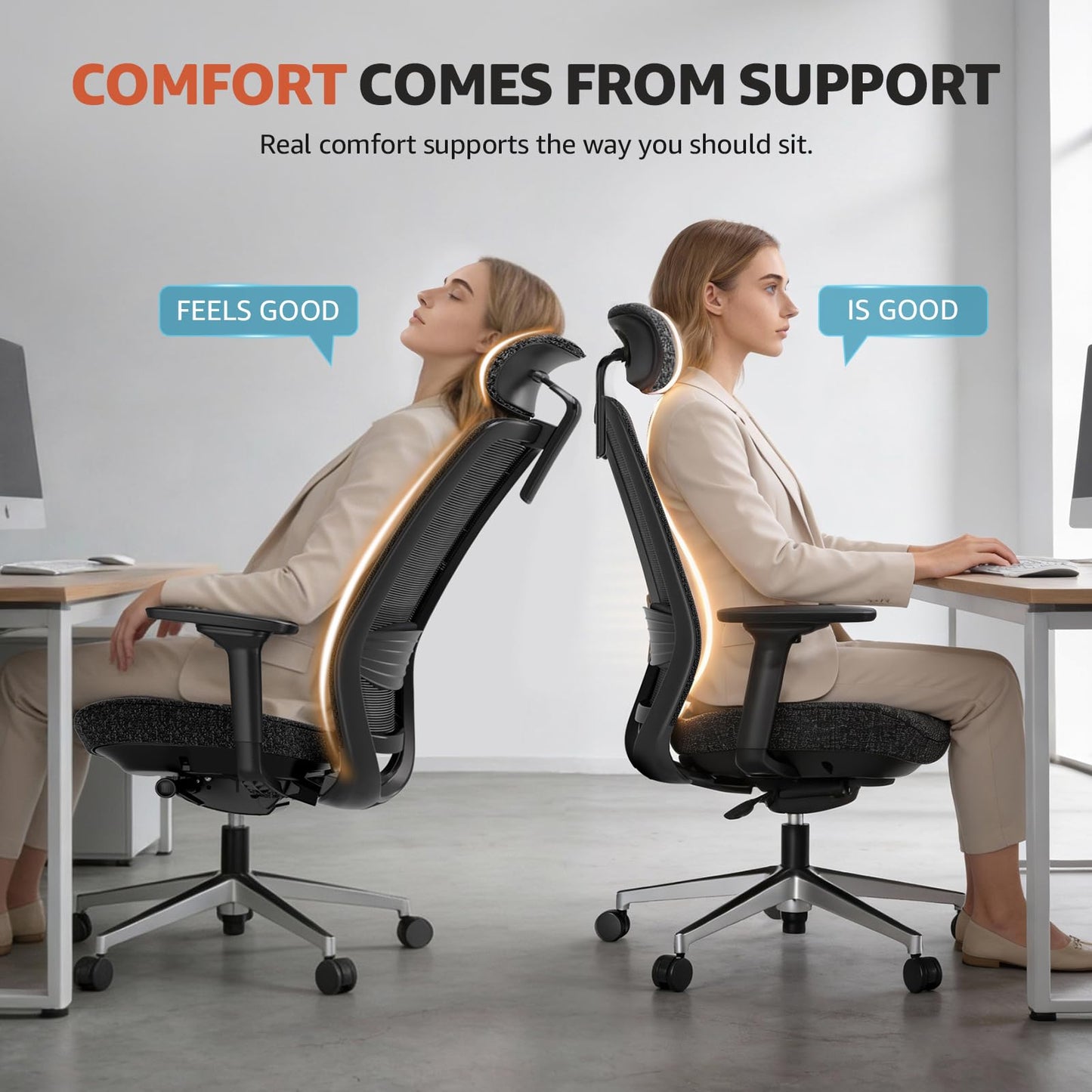 ErgoSift M2 Office Chair Ergonomic Desk Chair High-Back Mesh Desk Chair with Adjustable Lumbar Support and Headrest 4D Armrests for Long Hours Sitting Black