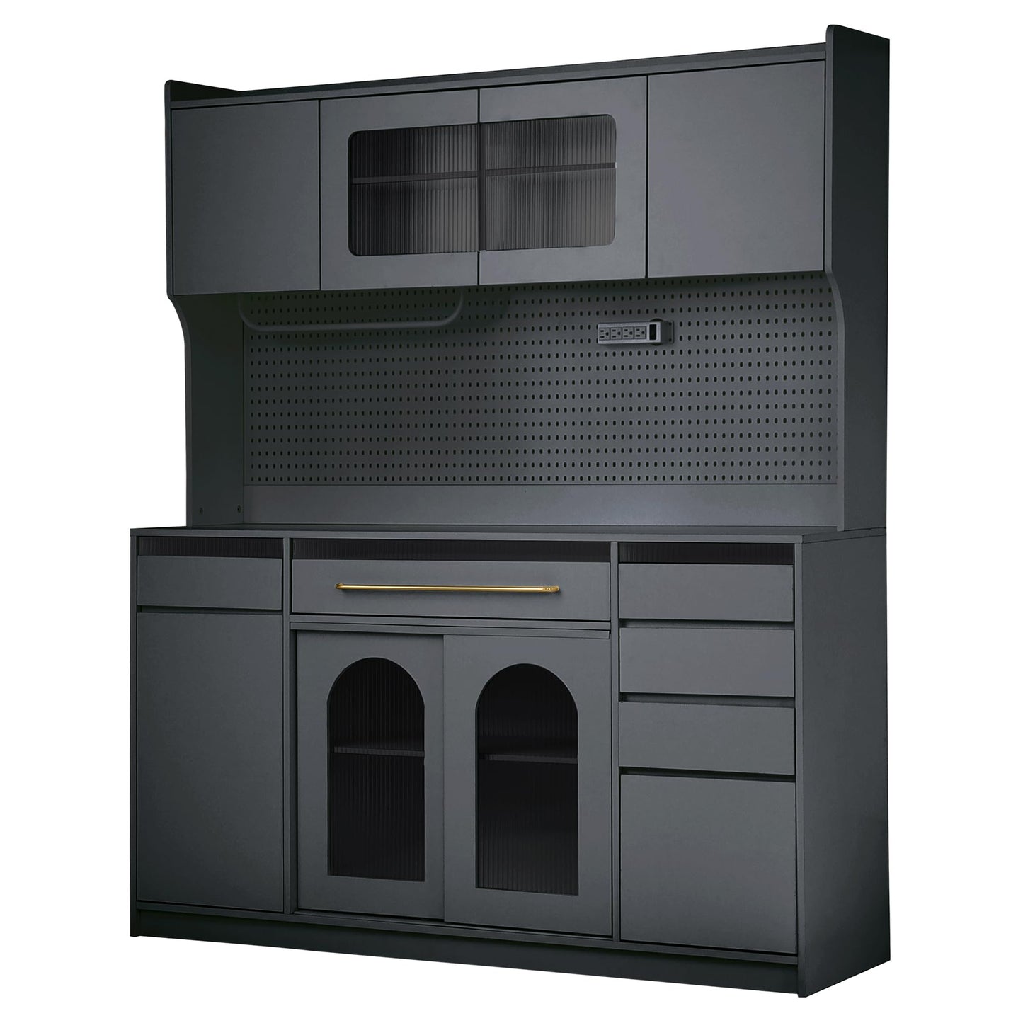 Merax Freestanding 63" W Buffet with Hutch, Large Coffee Bar Storage Cabinet with 6 Drawers, 5 Cabinets with Adjustable Shelves, Pegboard, Towel Rack, Black