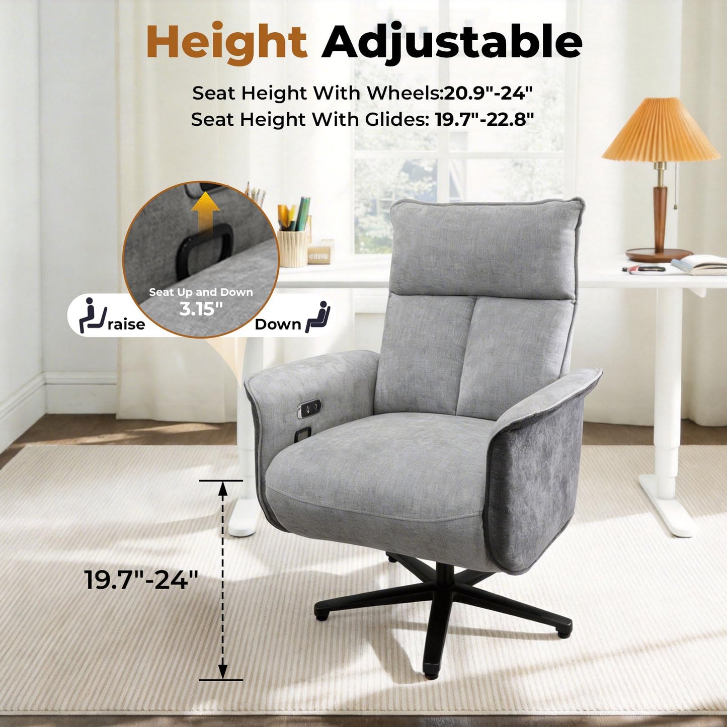 Liftsync Ergonomic Executive Recliner, Adjustable Electric Office Chair 90-155° with Footrest, 4-Position Headrest, 300LBS Heavy Duty, 2-in-1 Base Swivel Desk Chair w/USB, Grey & Black Chenille