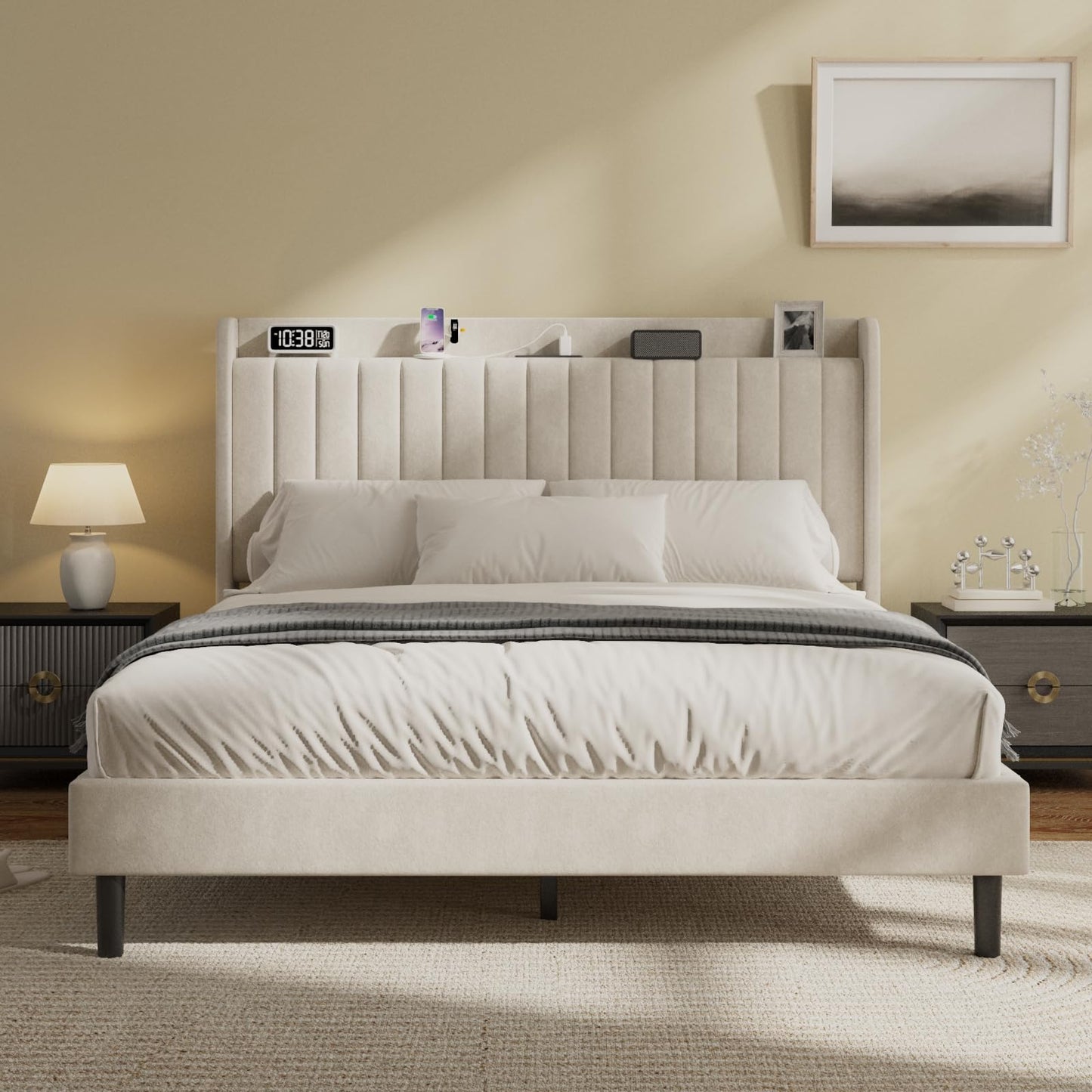 Mxhtcewz Full Velvet Bed Frame with Storage Headboard & Charging Station
