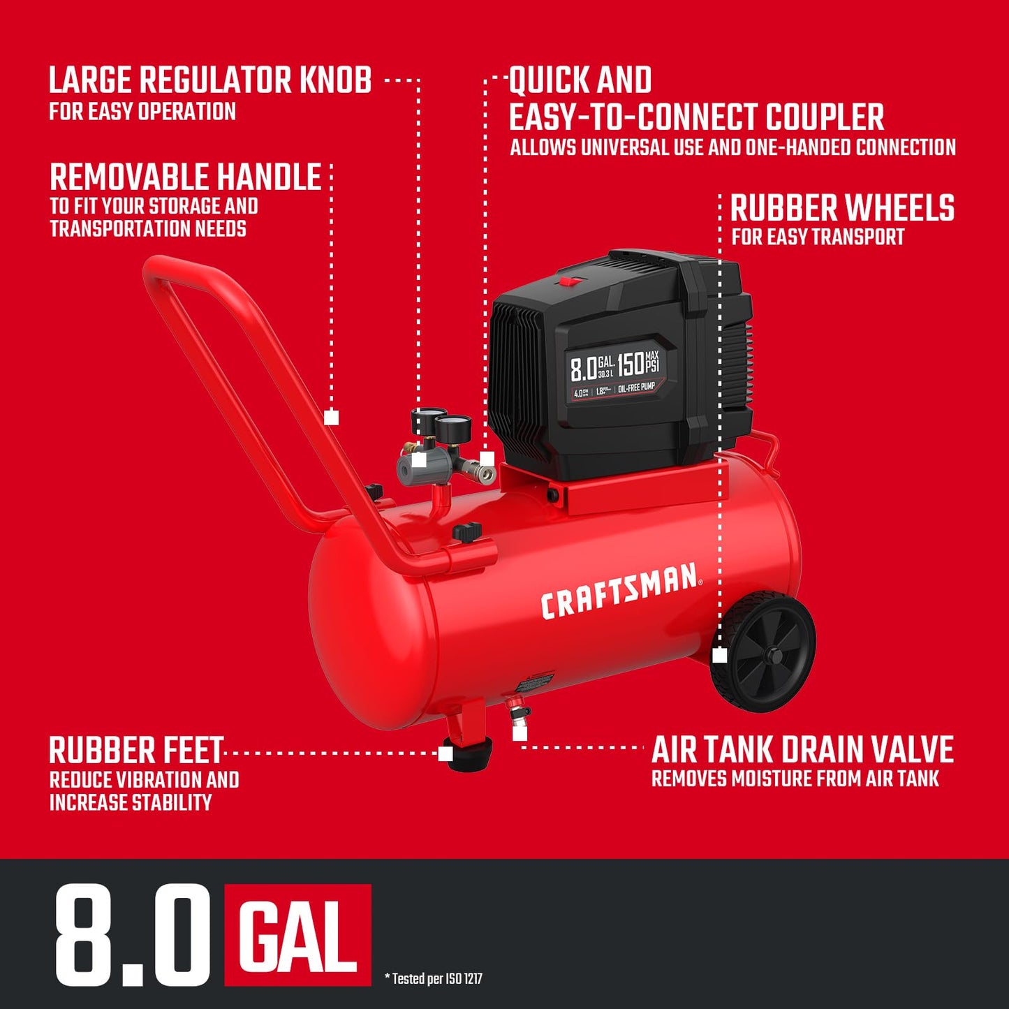 CRAFTSMAN Air Compressor 8 Gallon Oil-Free 1.8 HP Max 150 PSI Horizontal Tank Portable
