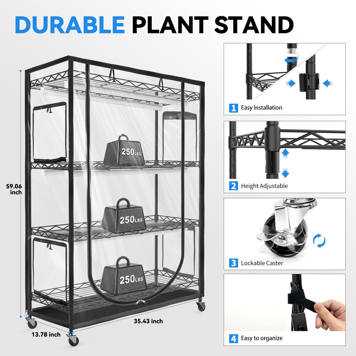 JESLED Indoor Greenhouse with Grow Light, 3FT Full Spectrum 5000K LED Light for Seed Starting, Tiered Lighting Control, Built-in Timer & Thermo-Hygrometer, Rolling Metal Plant Stand (35.4x13.8x59IN)