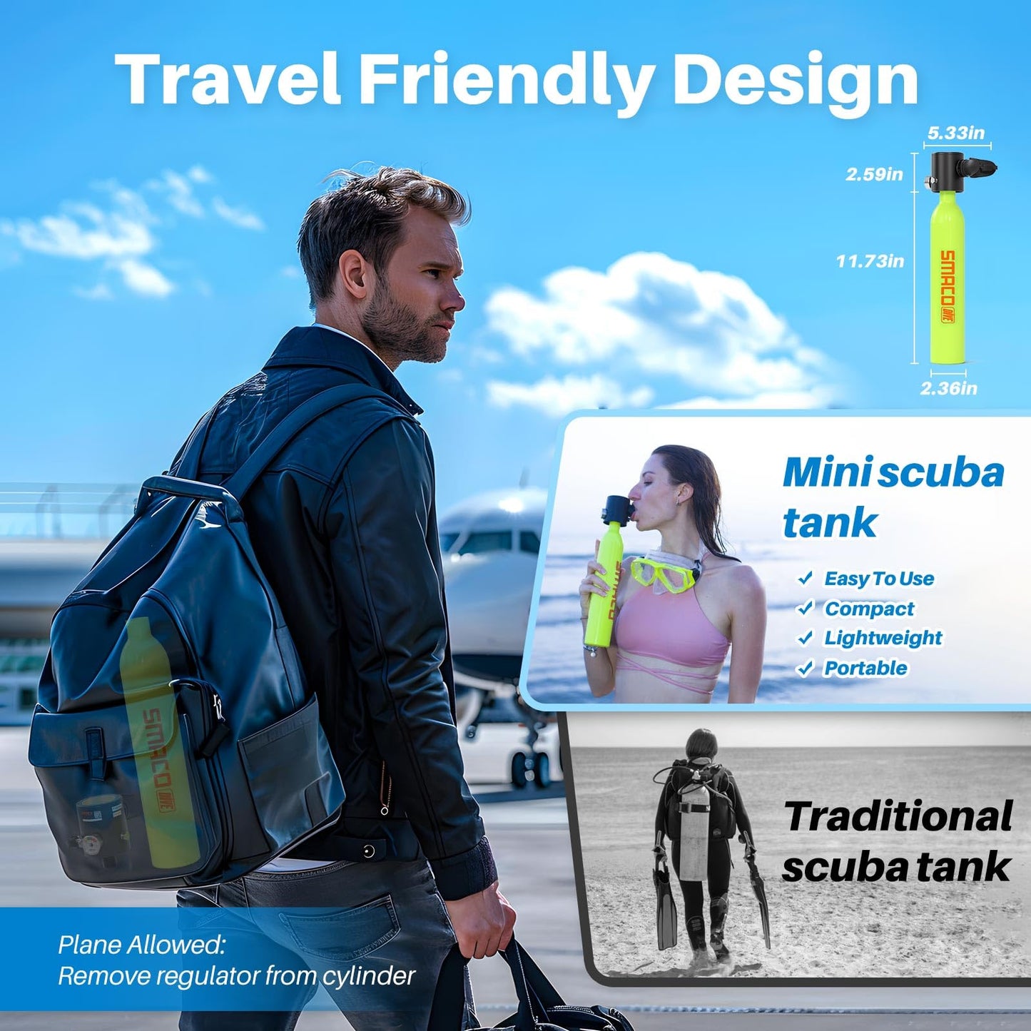 SMACO Mini Scuba Tank 0.5L Portable Small Diving Tank for Underwater Breathing Reusable Diving Cylinder Lung Air Tank for Emergency Rescue Boat Cleaning Backup Air Source Pony Bottle S300