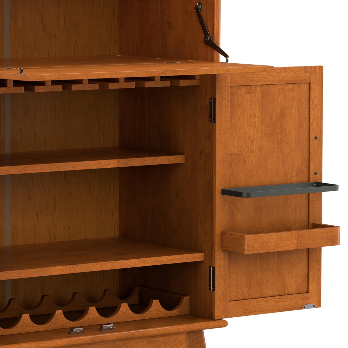 SIMPLIHOME Draper Bar Cabinet - 32 inch Wide Solid Hardwood Beverage Cabinet in Teak Brown, Mid-Century Modern Wine Storage for Dining Room or Kitchen with Drop-Down Shelf and Stemware Rack