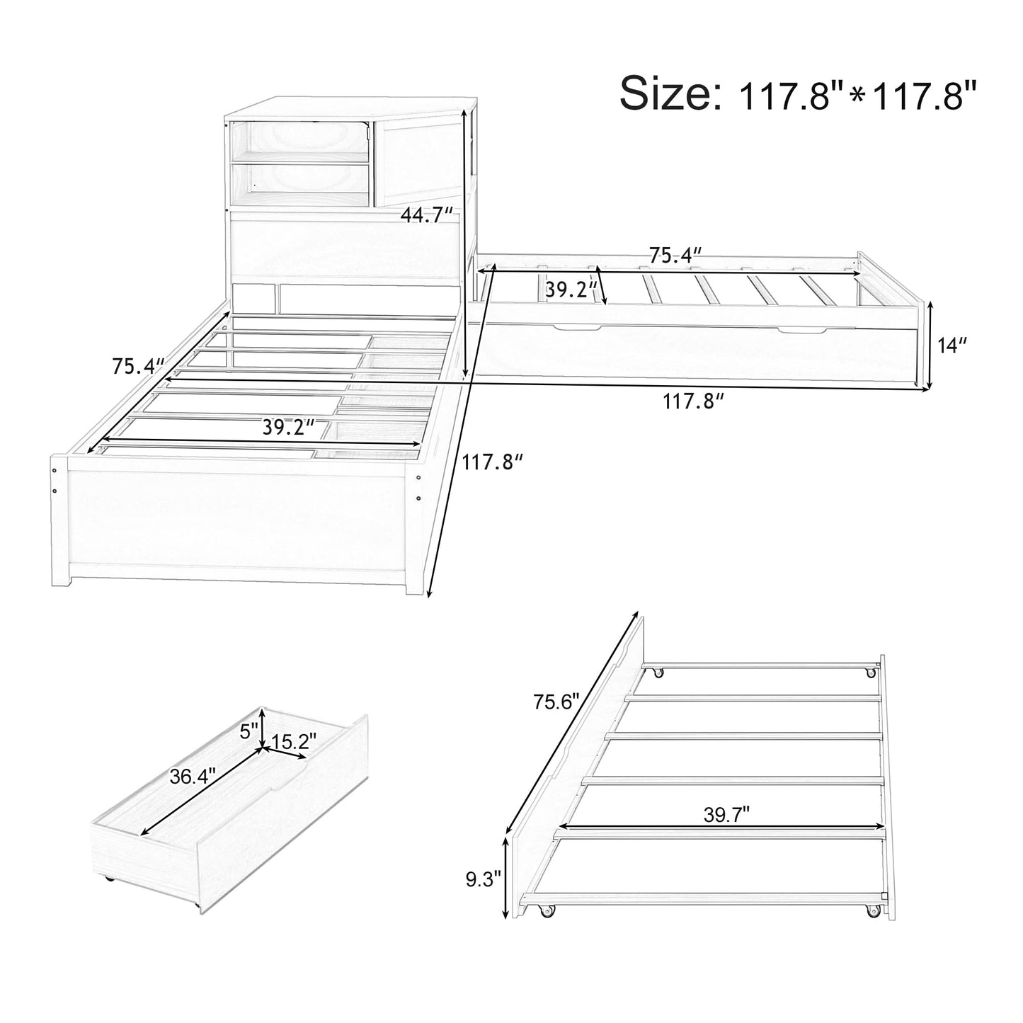 Merax L-Shaped Combination Twin Corner Platform Bed Frame with Trundle,Drawer,Built-in Desk and Led Downlight,3-in-1 Design for Bedroom