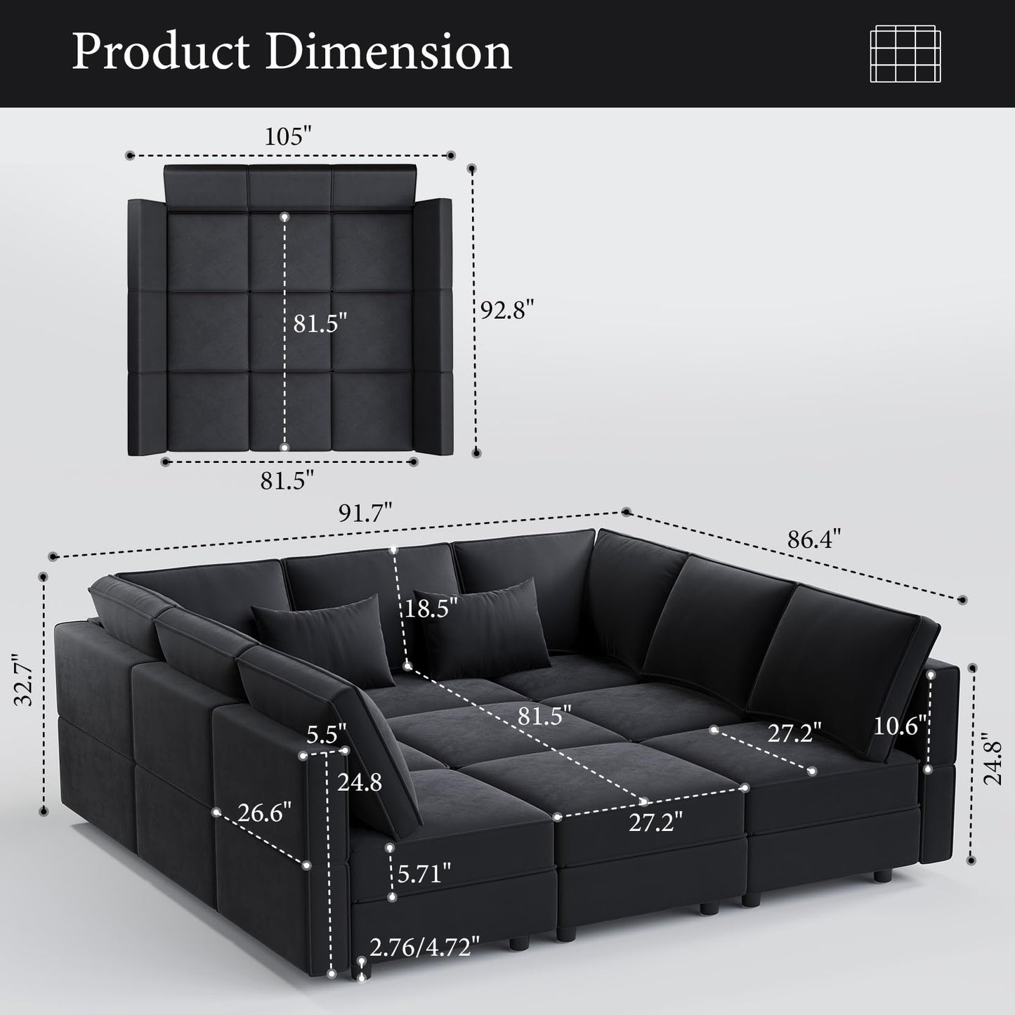 Vesgantti Modular Sofa Bed with Storage, 92" Sleeper Sofas with 9 Seats Storage Chaises Removable Cover, Luxury Large Velvet Sectional Couch Set for Living Room, Apartment, Home Theater, Black