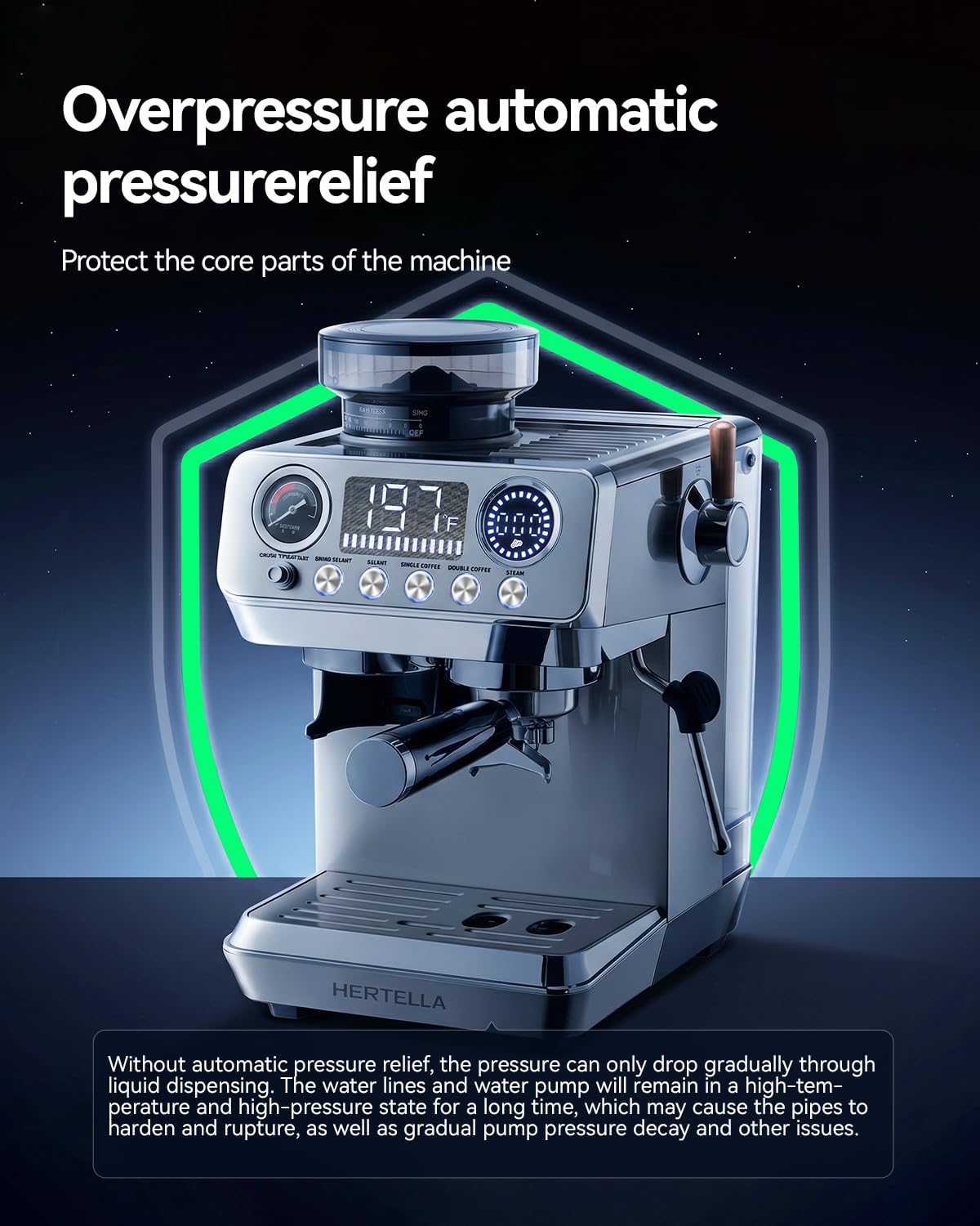 HERTELLA Espresso Machine with Burr Grinder, 20 Bar Visual Pressure Gauge, Milk Frother Steam Wand, Stainless Steel, 4 Temperature Modes (Hot and Cold Brew), Automatic Pressure Release Function