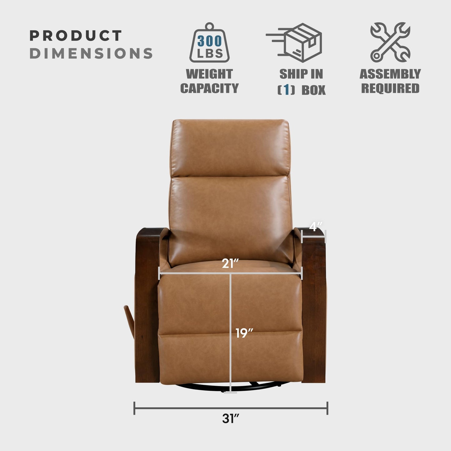Lexicon 360 Degree Swivel Glider Reclining Chair, Breathable Faux Leather Manual Recliner, Comfy Nursery Glider Recliner, Wood Arms, Pull Handle for Living Room/Office/Bedroom/Apartment, Camel Brown