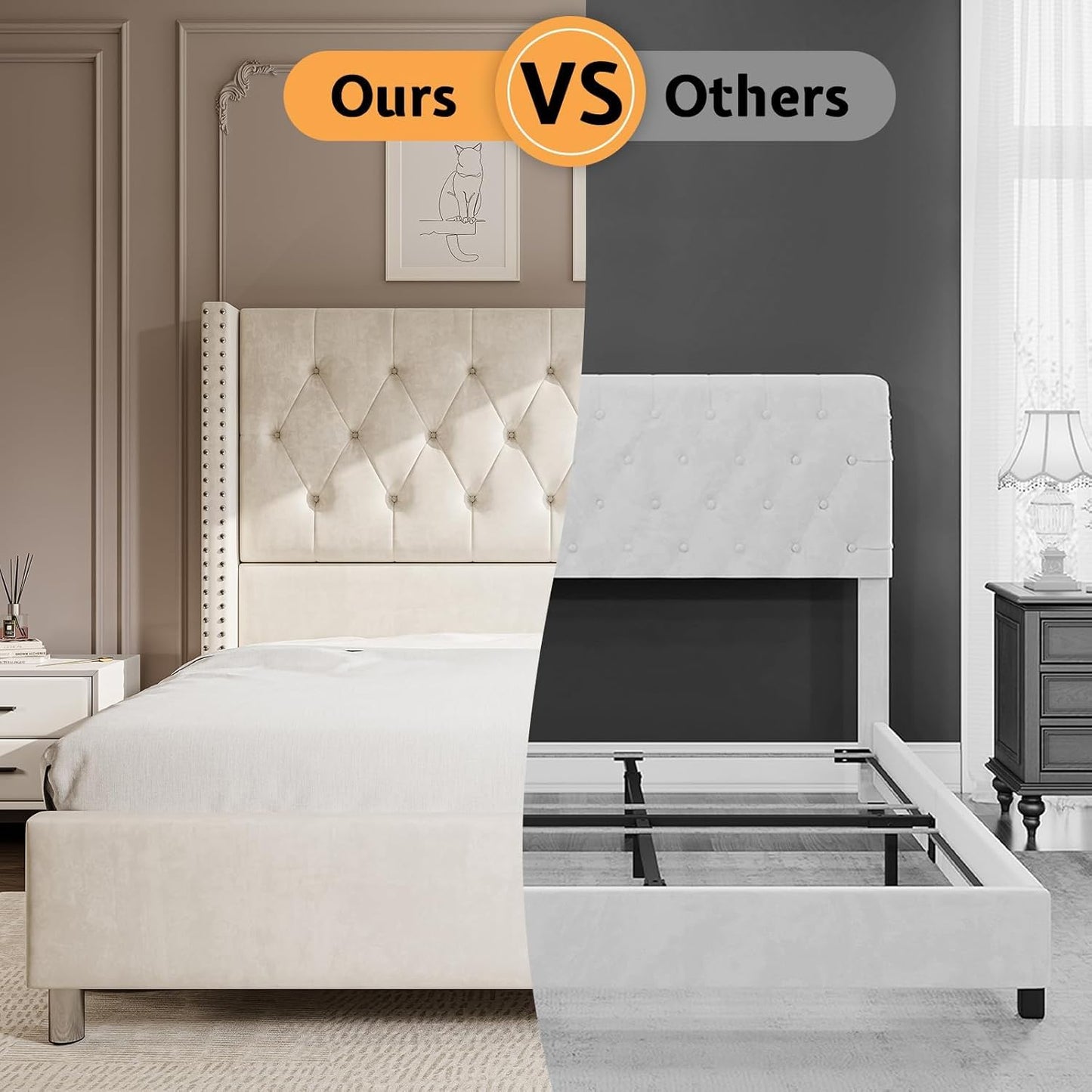 Jocisland Queen Bed Frame Upholstered Bed Wingback Headboard Velvet Tufted Diamond Button/No Box Spring Needed/Easy Assembly/Cream