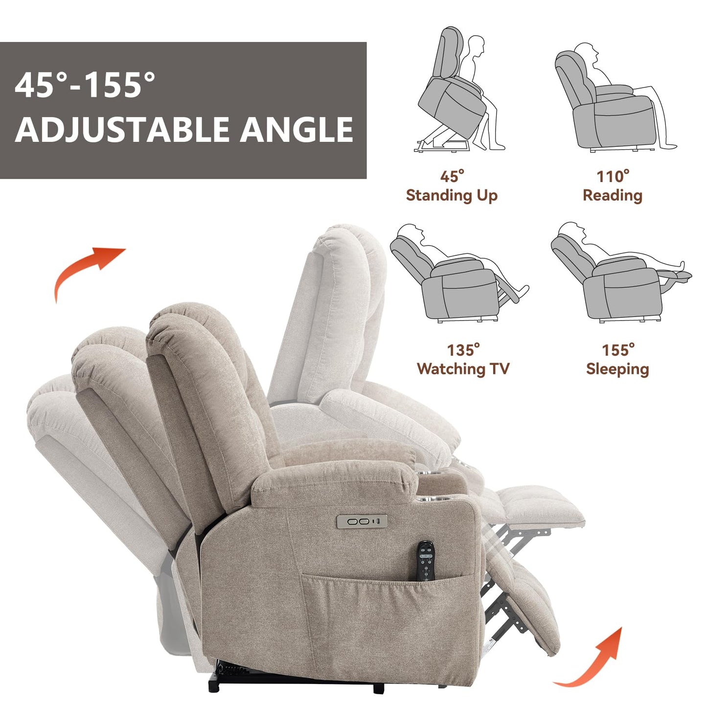 KEIKI Oversized Power Lift Recliner Chair with Heat & Massage, Reding Rocking Chair for Adults, High Seat Cozy Chenille Recliner with Side Pockets, USB Port, Cup Holders & Lumbar Support, Khaki
