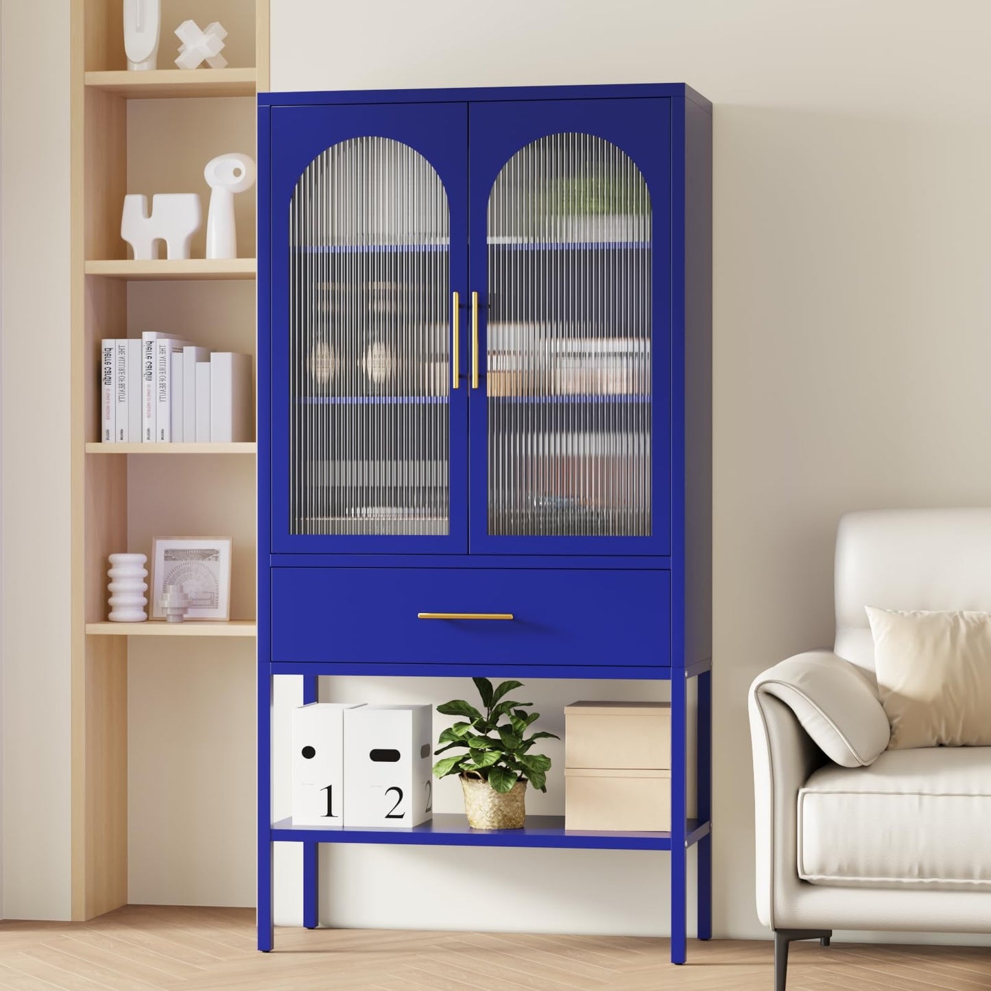 ALBAD 63 Inch Tall Metal Pantry/Display/Storage Cabinet with Fluted Glass Doors and Drawer & Adjustable Shelf for Modern Home Office Living Room Kitchen Blue