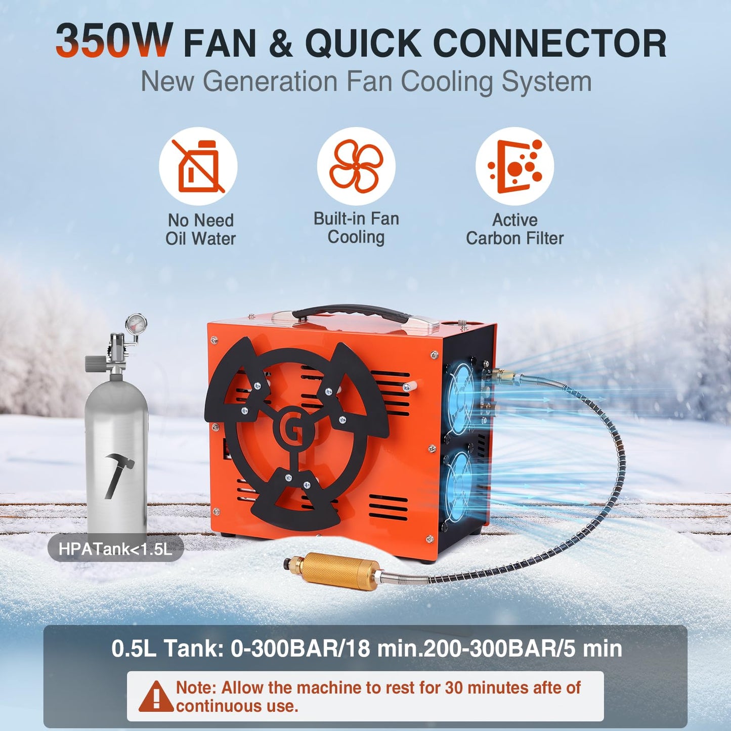 PCP Air Compressor, 4500 PSI / 30 MPa, 350W Motor, Auto Stop, Built-in Adapter, 12V DC or 110V / 220V AC Power, Portable Water/Oil-Free Pump for Paintball, Air Rifle, Airguns, HPA Tanks, Orange