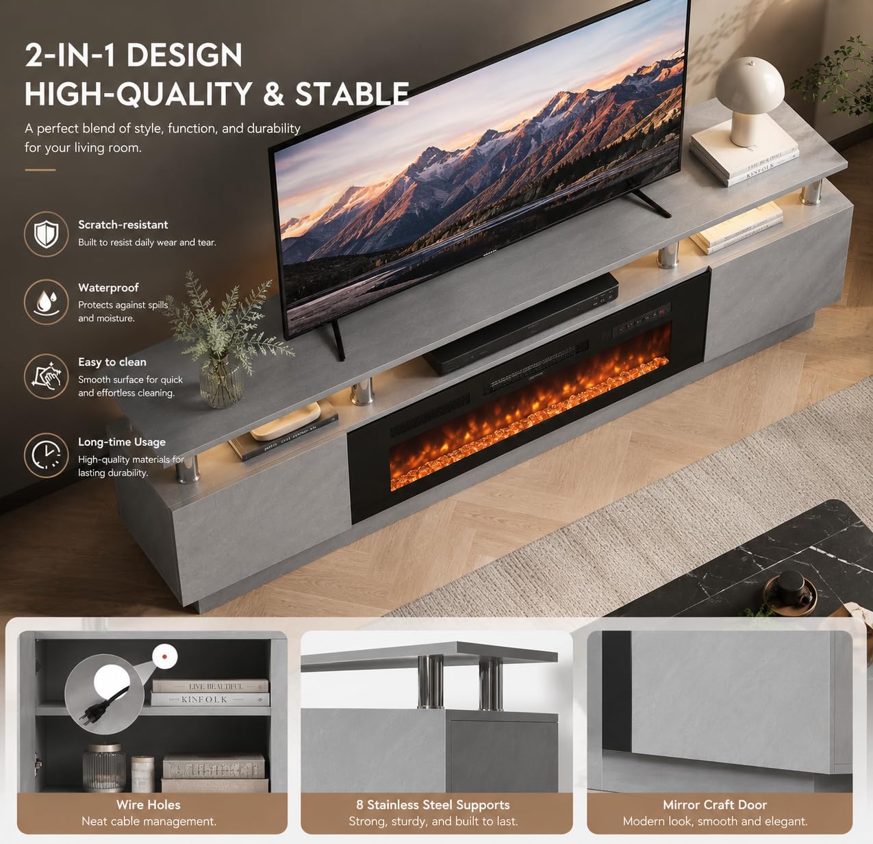 OneBlis 70" TV Stand for Living Room, Entertainment Center with Storage Cabinet, Fits TVs up to 80", Modern Media Console with Shelves, 36" Electric Fireplace (Grey+Black)