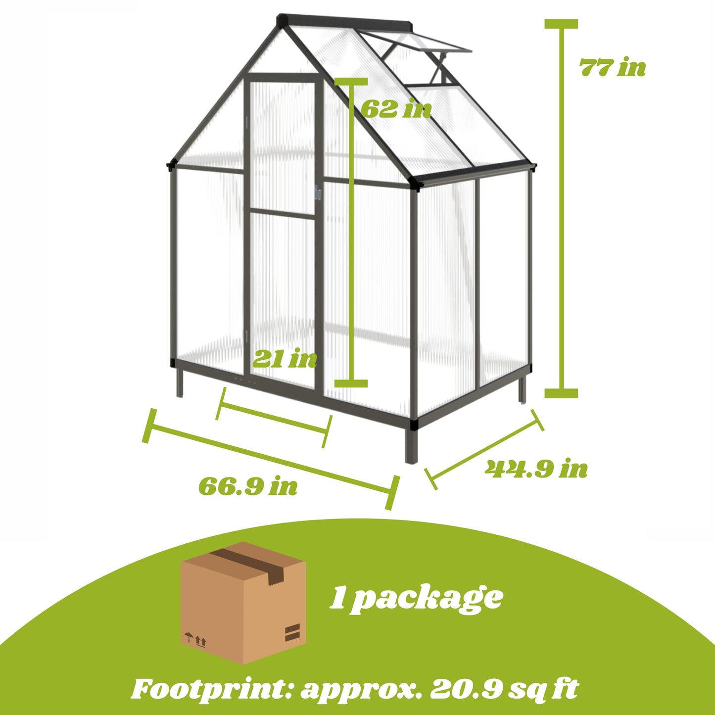 6x4 FT Greenhouse for Outdoors, Polycarbonate Greenhouse with Quick Setup Structure and Roof Vent, Aluminum Large Walk-in Green House for Outside Garden Backyard, Charcoal Black