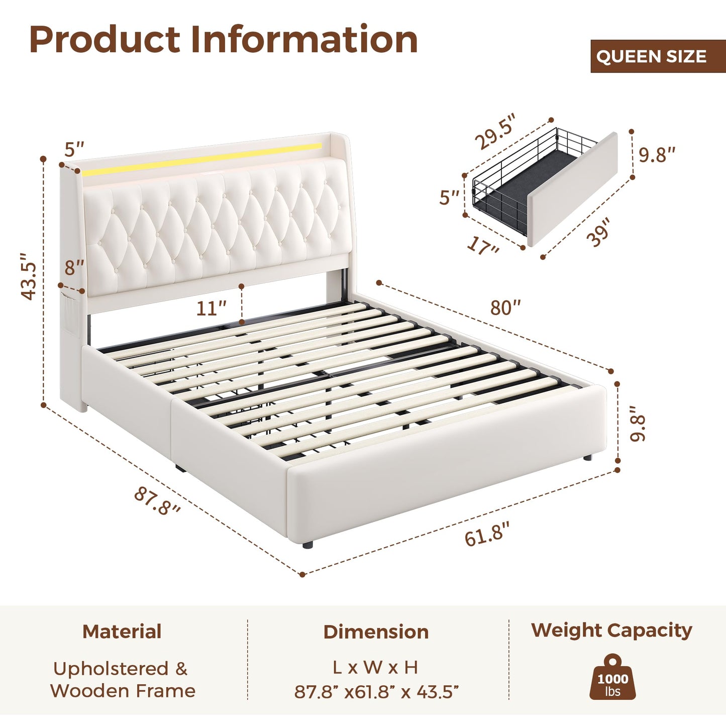Queen LED Velvet Bed Frame with 2 Storage Drawers&Hidden Headboard, Upholstered Platform Bed with Charging Station&Button Tufted Design, Wooden Slats Support, Box Spring Optional, Easy Assembly, Beige