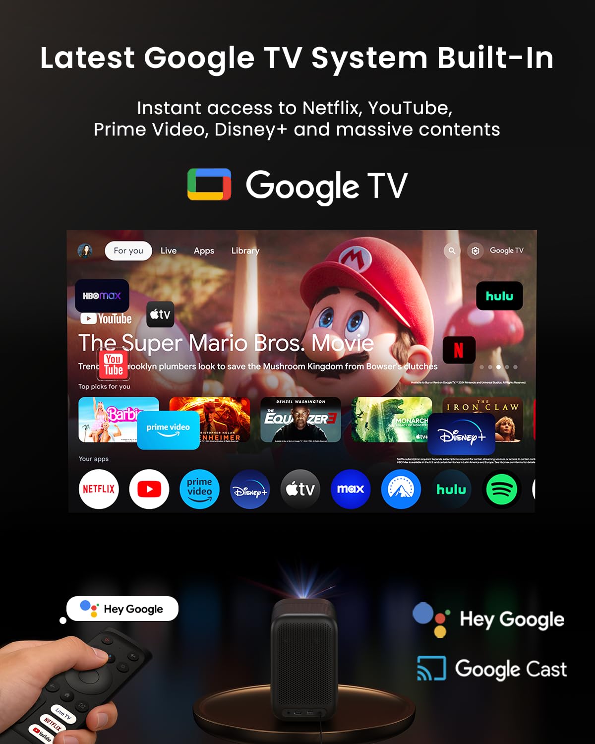 WEMAX Smart Google TV Projector with Licensed Netflix, 4K Decoding, 500 ISO Lumens, Outdoor Movie Projector with WiFi and Bluetooth, FHD 1080P Projector for Home Theater with 10W Dolby Audio Speaker