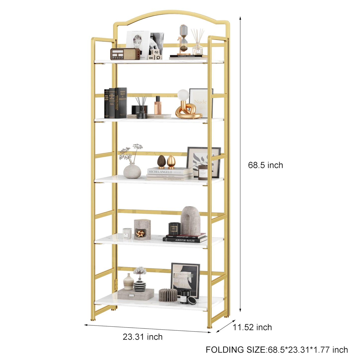 JSB 5 Tier No Assembly Folding Bookshelf, Arched Bookshelf, Foldable Bookcase for Living Room, Bedroom, Office,Skinny Bookshelf (White and Gold)