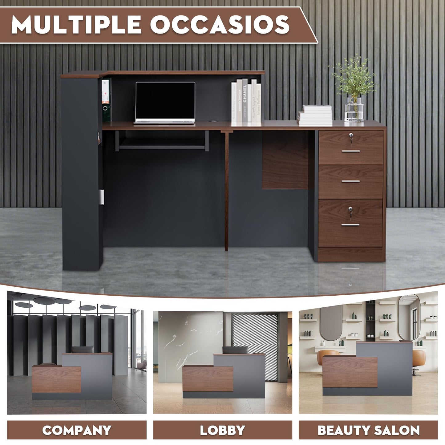 L-Shaped Modern Large Wooden Commercial Reception Desk with Counter & Shelves, Front Reception Desk Counter Table with Drawers for Offices,Home (Brown + Black, Left- 71''L x 42''W x 41''H)