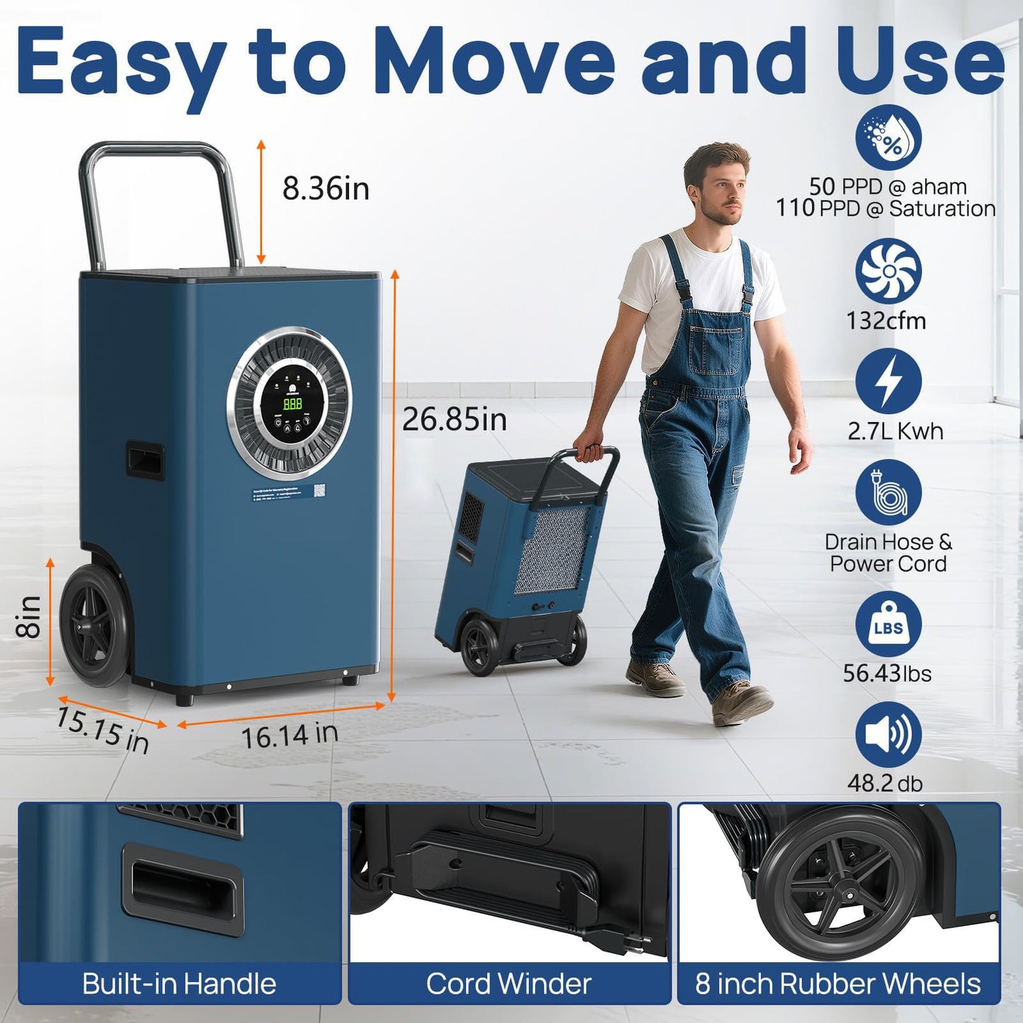 ARGENDON 110 Pints LGR Commercial Dehumidifier with Drain Hose for Basement, Heavy Duty Dehumidifiers with Pump on Wheels for Industrial Uses, Water Damage Restoration, AUTO Defrost, 5-Years Warranty