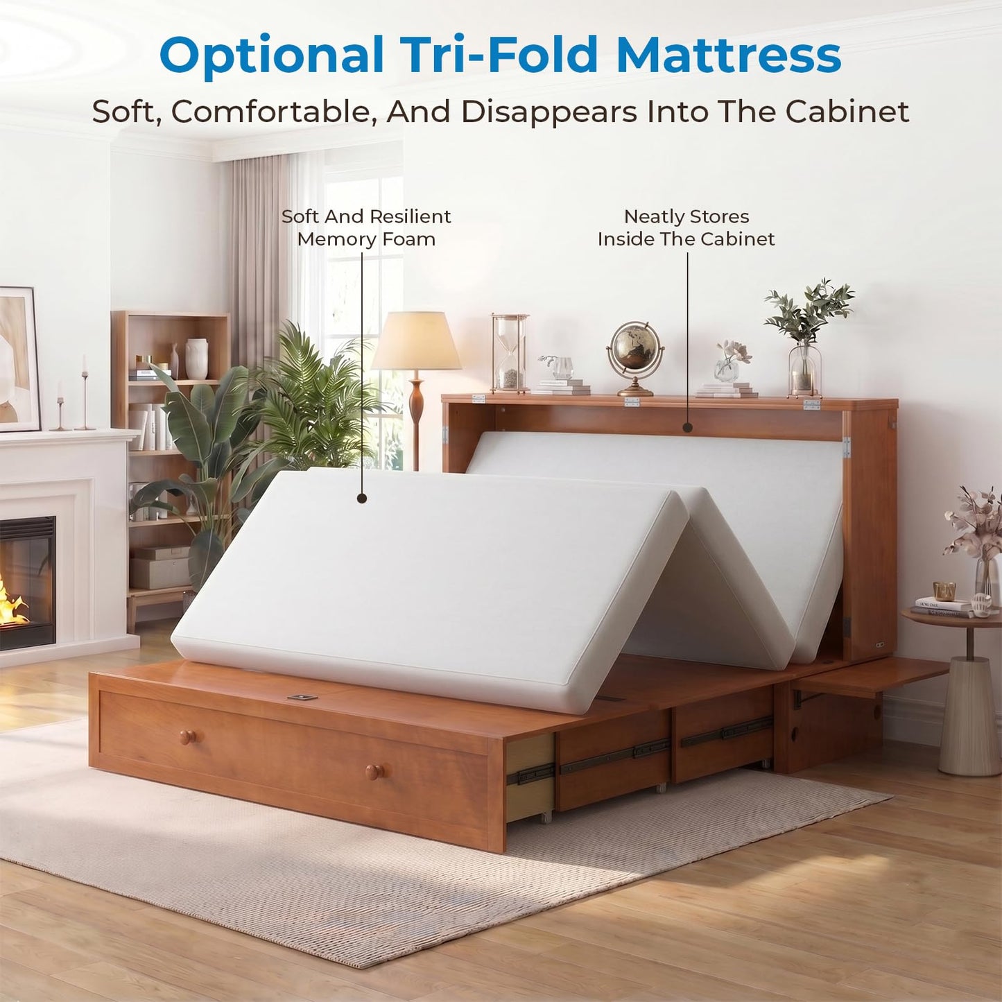 Mjkone Queen Murphy Bed Cabinet with Mattress Included, Cabinet Murphy Chest Bed with Drawer and USB Charging, Bedside Panel, Convertible Hidden Guest Wall Beds for Bedroom, Apartment - Cherry