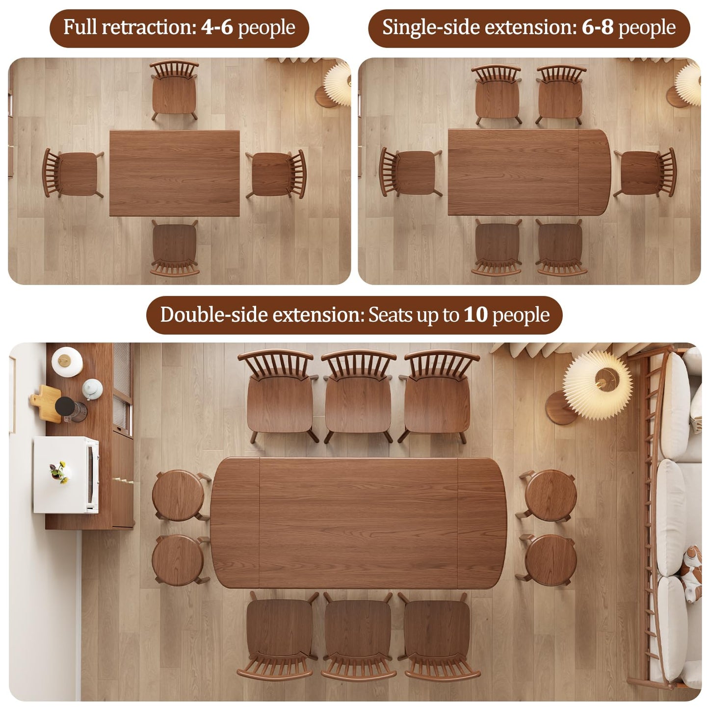 DONGMUWUJEE Solid Wood Extendable Dining Table for 4-8, 47.2” to 70.8” Expandable Table, Easy Assembly Extendable Dining Room Table, 3-in-1 Design, Ideal for Dining Room, Kitchen, Living Room (Walnut)