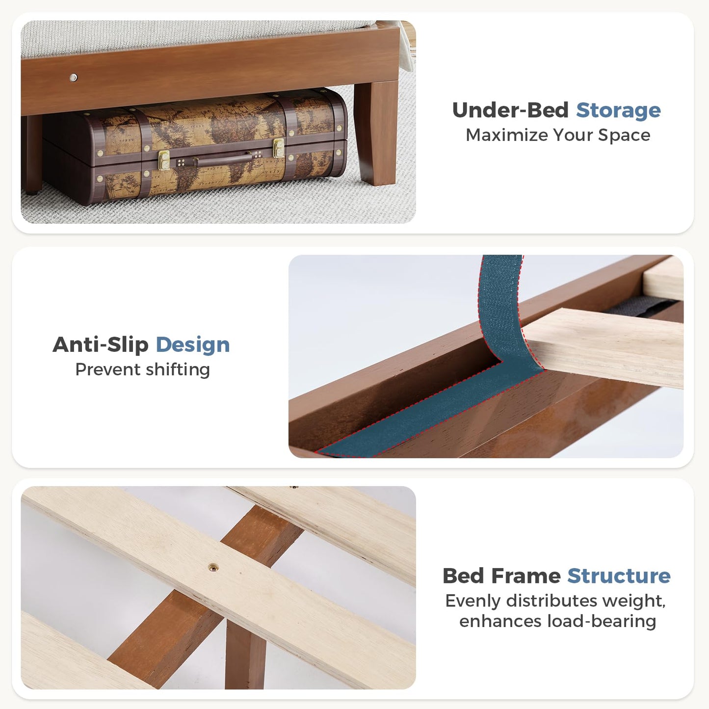 OLIXIS Queen Bed Frame with Headboard, Suitable for Bedroom Furniture, Sturdy Solid Wood Slat Support, Up to 800 lbs, No Box Spring Needed, Easy Assembly, Platform Beds