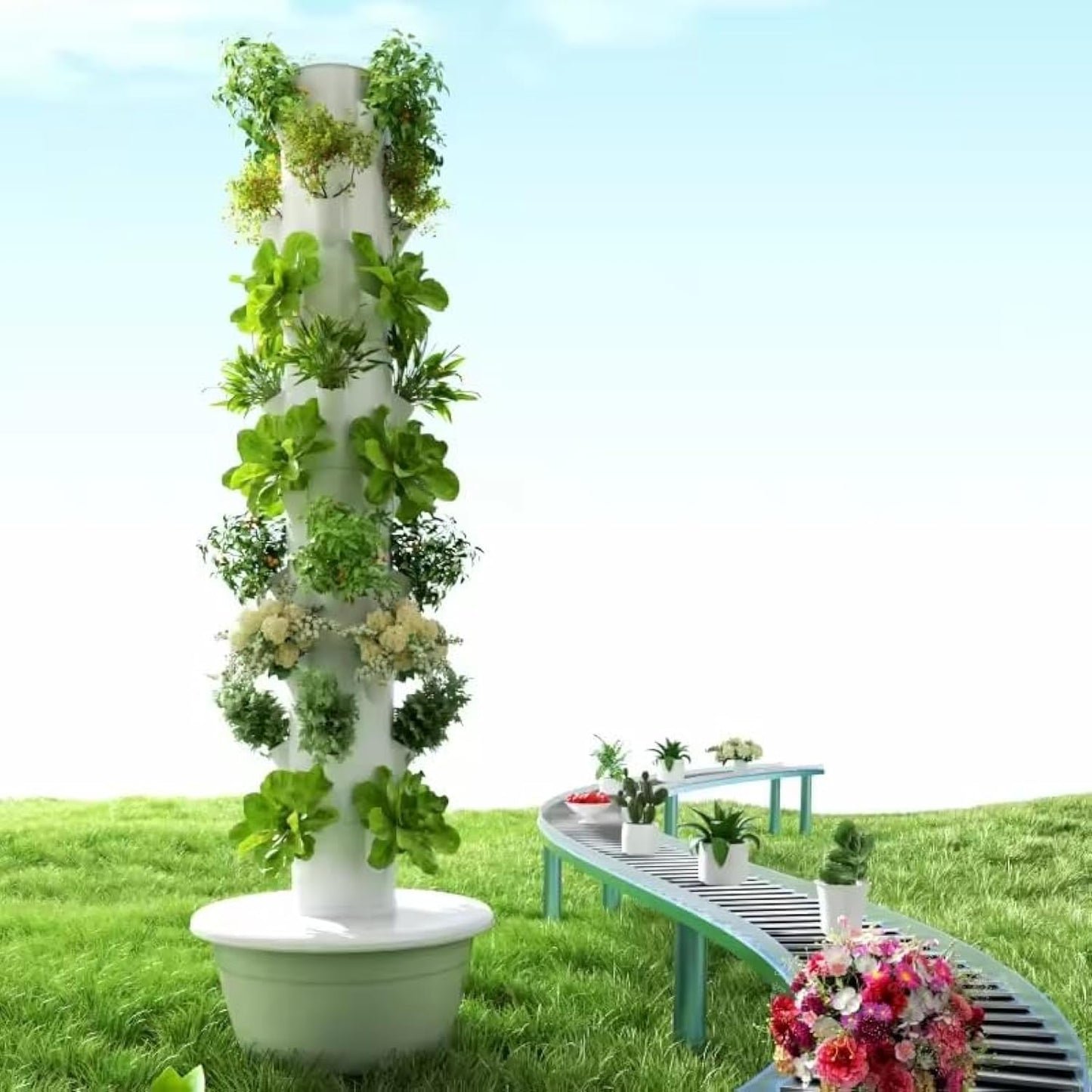TIRUSS Vertical Hydroponic Grow Tower Aeroponic Tower for Fruits and Vegetables 9 Layer 36 Pots Planter with Water Tank and Pump